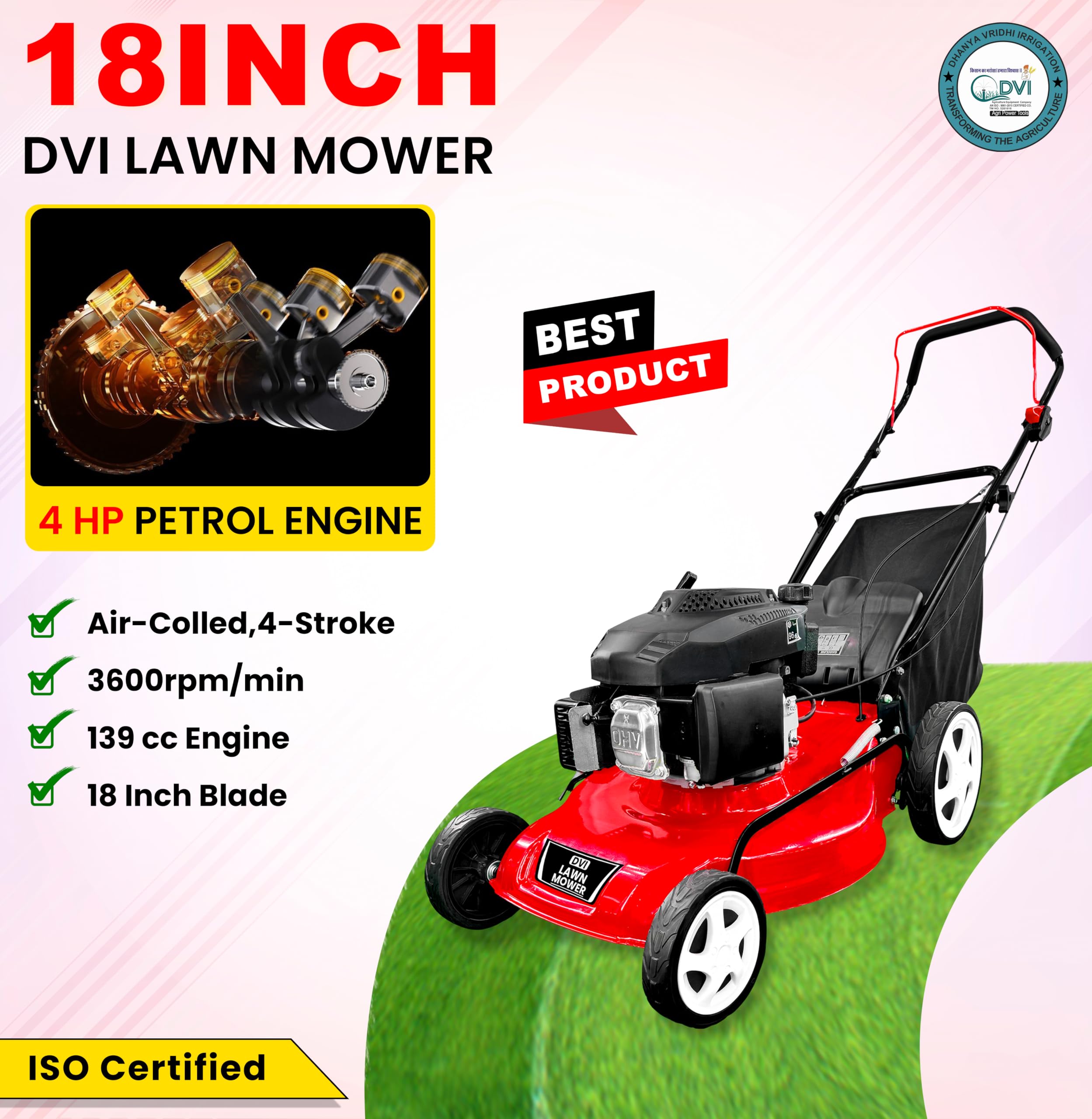 DVI 18 Inch Petrol Lawn Mower with 60L Grass Catcher Box for Lawn and Garden with 7-Height Cutting Position | High Power 4HP Engine with 3600 RPM | 1 Year Manufacturer Warranty. - Image 5 thumbnail