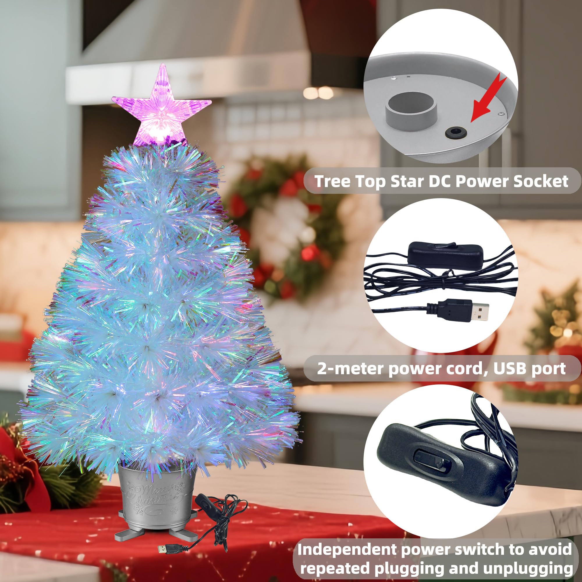 YUETJIN Petit sapin de Noël artificiel de table en fibre optique pré-éclairé de 61 cm avec étoiles - Transparent