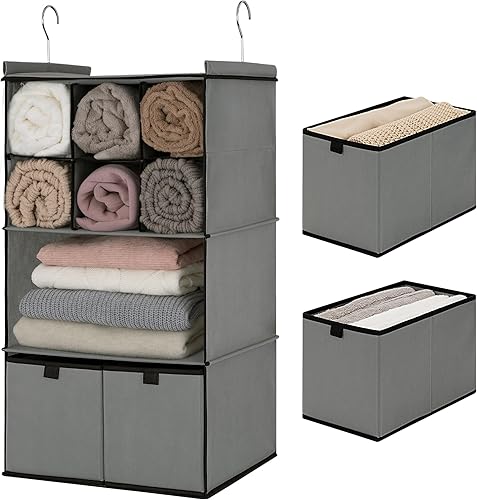 GRANNY SAYS Organizador colgante de armario con cajones, 4 separadores de estantes, organizador colgante de armario, estantes colgantes plegables