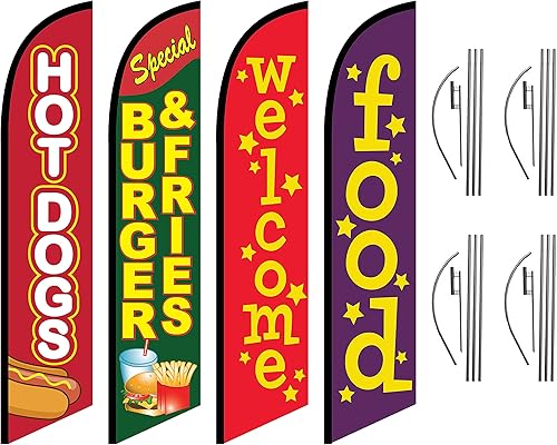 Hot Dogs - Kit de bandera de plumas de bienvenida, hamburguesas y papas fritas, 4 banderines con postes de bandera y estacas de tierra, ideal para
