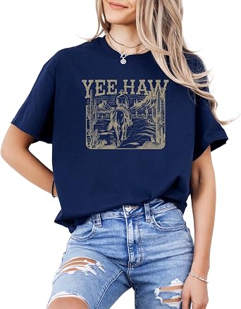 Yee Haw Western Graphic T-Shirt Vintage Country Rodeo Tee for Men & Women Cowboy Cowgirl Horse Desert Style Top