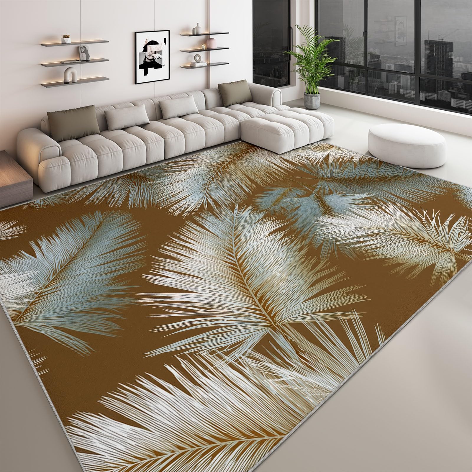 Tapis de salon doux 60x90 cm tropical lavable et antidérapant imprimé feuilles de palmier