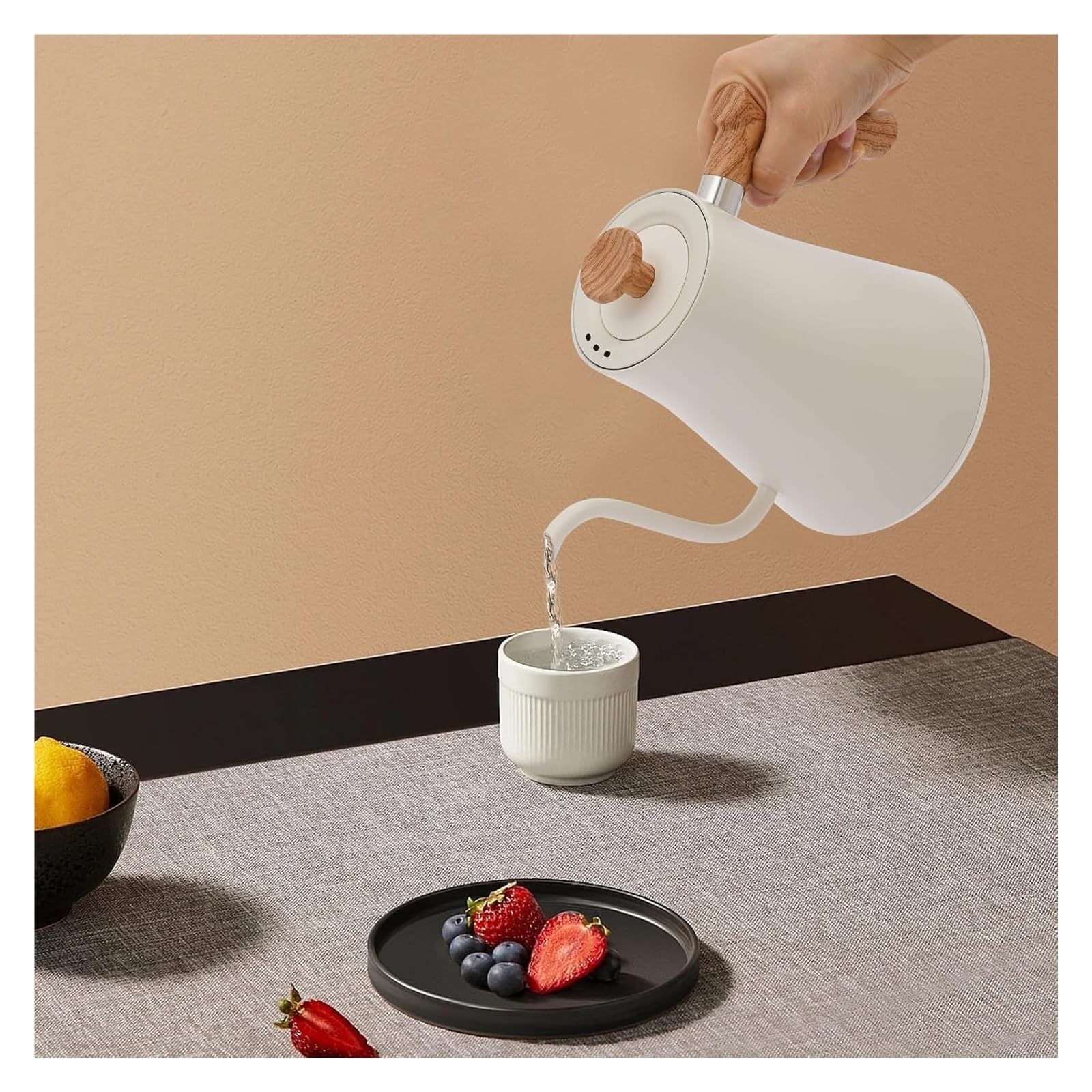 Hervidor eléctrico de cuello de cisne, control de temperatura inteligente, interior de acero inoxidable, calentamiento rápido, tetera de 200 W, mango con diseño de madera, pantalla LED