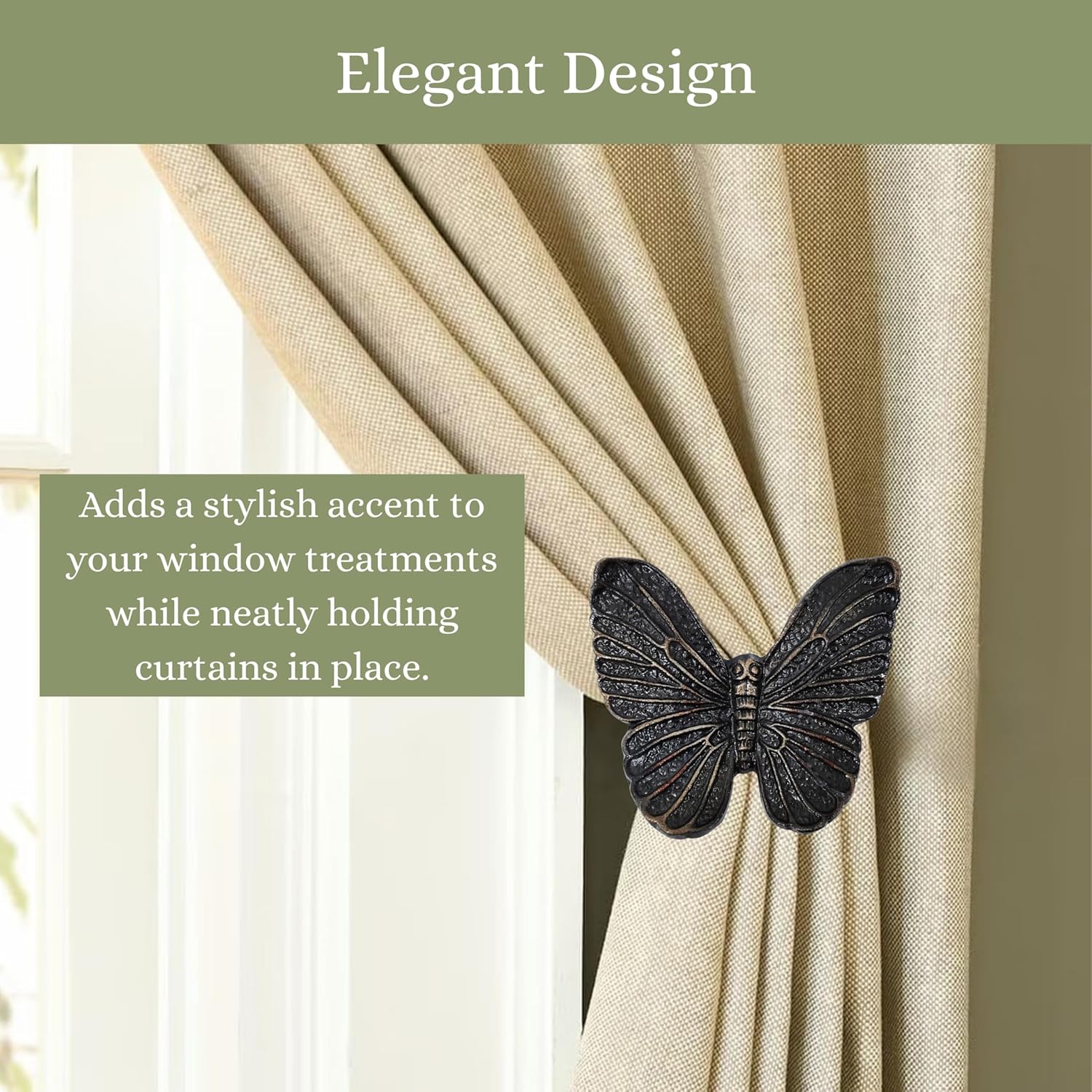 Butterfly Curtain Holdbacks Rustic Metal Set of 2 – Decorative Wall Mounted Tiebacks for Drapes, Elegant Window Treatment Hardware for Living Room, Bedroom & Office – Unisex Home Décor
