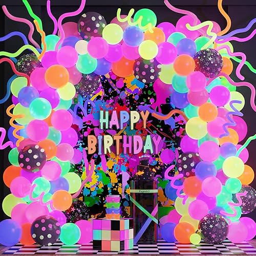 Miniatura 2 de PageebO Kit de arco de globos fluorescentes luminosos de neón UV para suministros de fiesta que brillan en la oscuridad, suministros de fiesta de