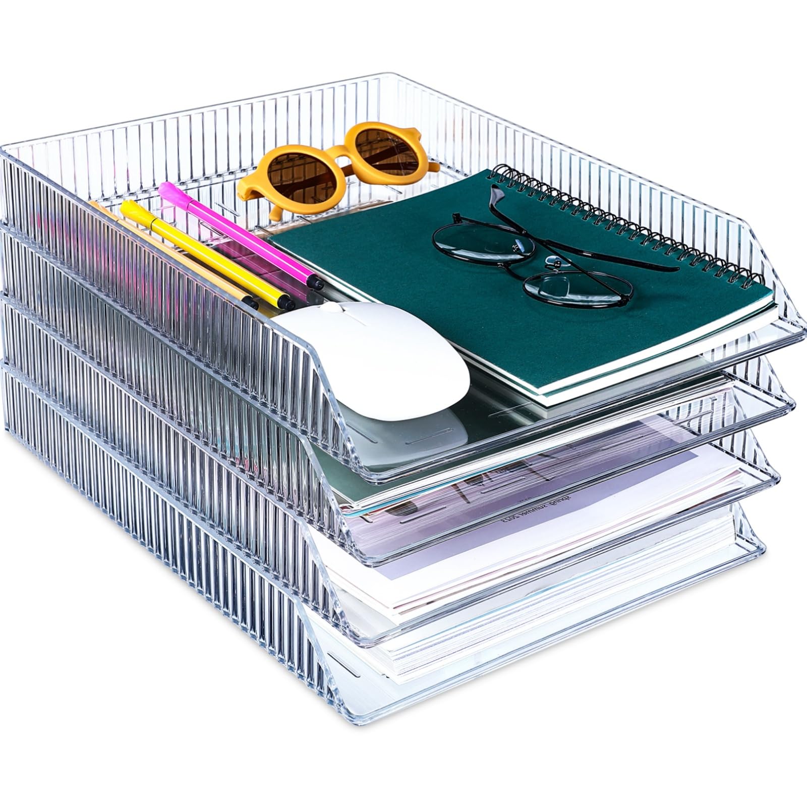 Zhanmai 6 Pcs Stackable Paper Trays Plastic Letter Tray Desk Organizer File Document Organizer 13.39 x 9.92 x 1.77 Inch Clear Pet Paper Holder Storage for Office Classroom Desktop Paper File Magazine