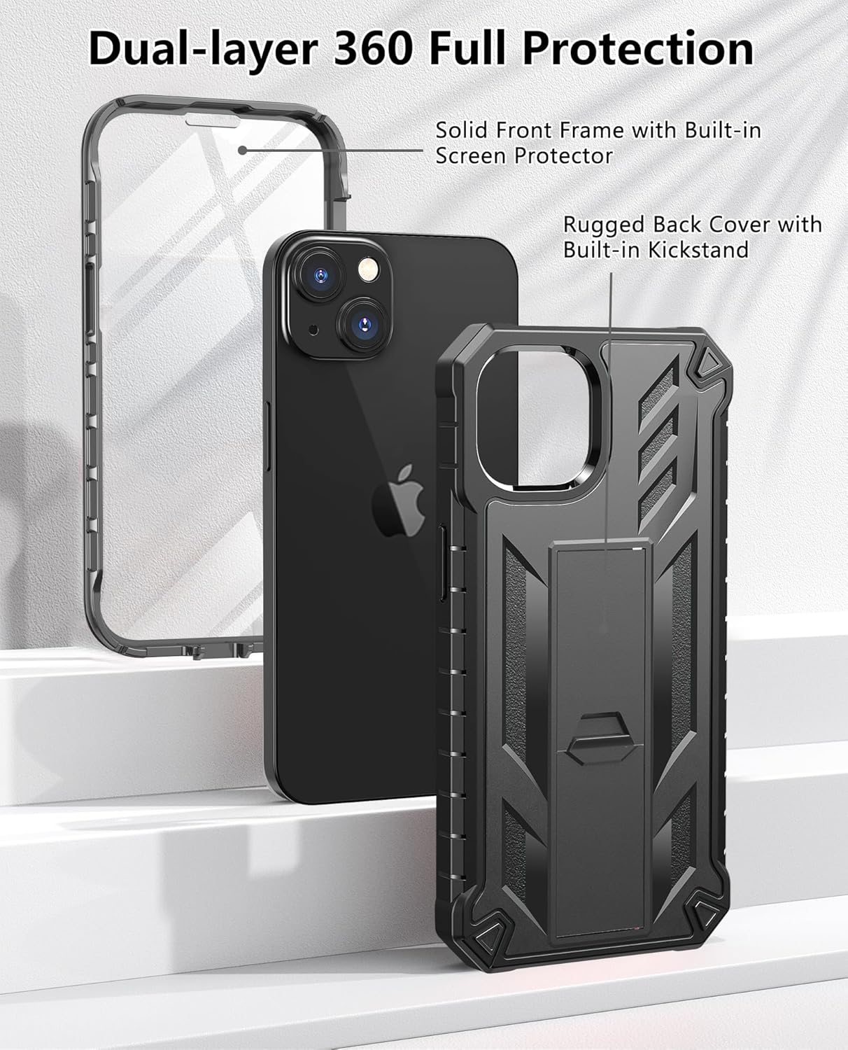 SOiOS for iPhone 13/14/15 Phone Case: for iPhone 16e Protective Cover with Built-in Kickstand | Heavy Duty Military Grade Hard Protection Shock Proof | Durable Dual-Layer Design Black