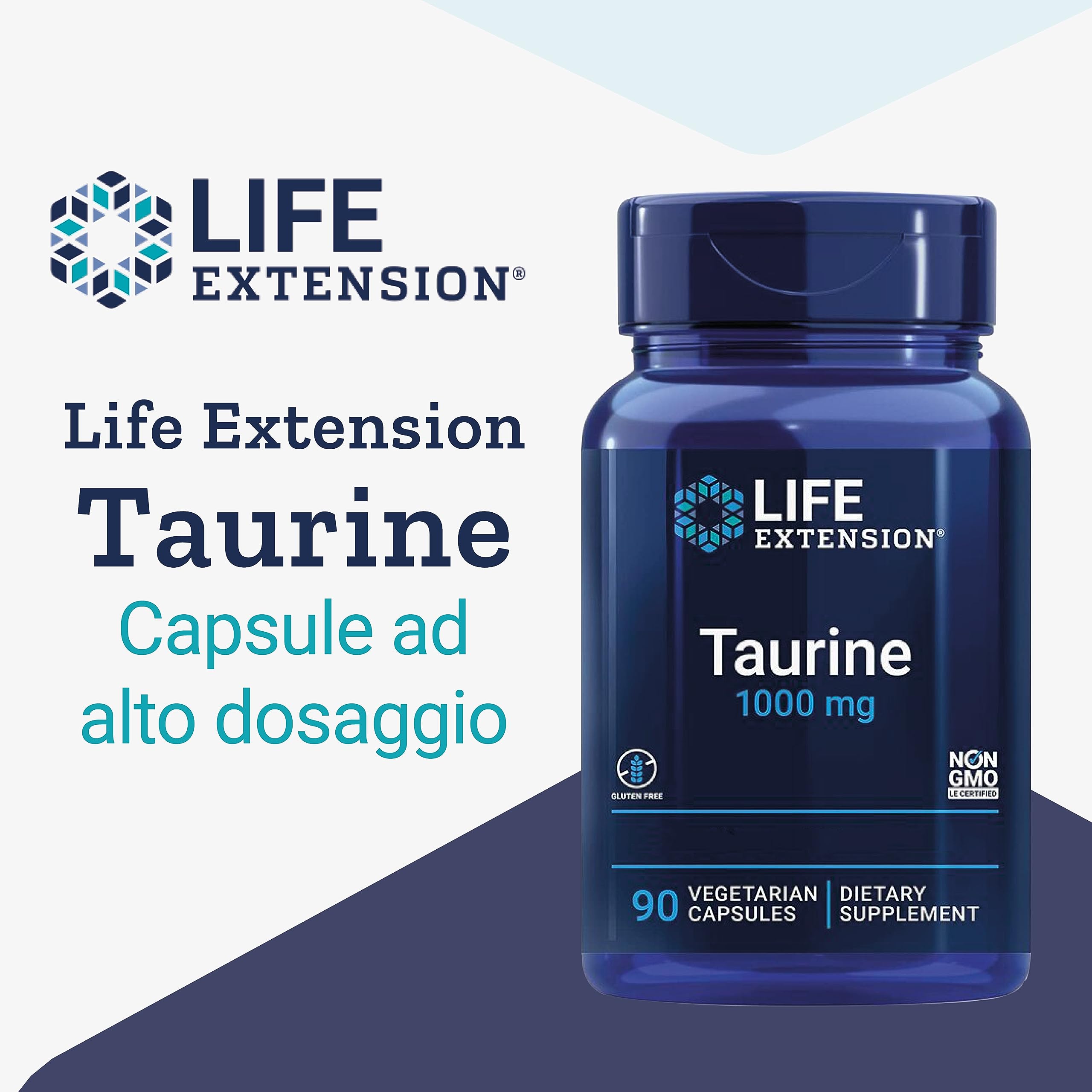 Life Extension, Taurine, 1000 mg, Dose Elevata, 90 Capsule vegane, Testate in Laboratorio, Senza Glutine, Vegetariane, Senza Soia, Senza OGM