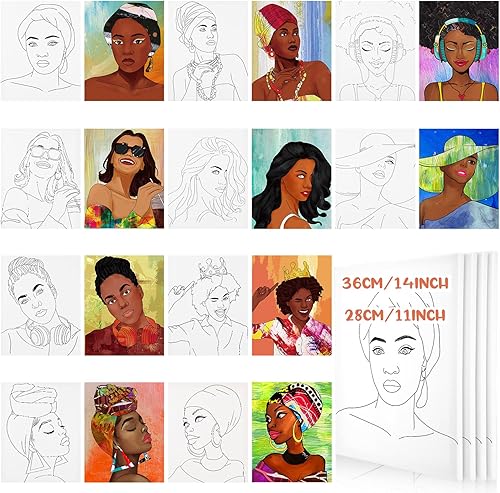 Miniatura 1 de Sherr 10 lienzos de pintura predibujados estirados de algodón Afro Queen, lienzo negro predibujado para adultos y parejas, contorno de lienzo