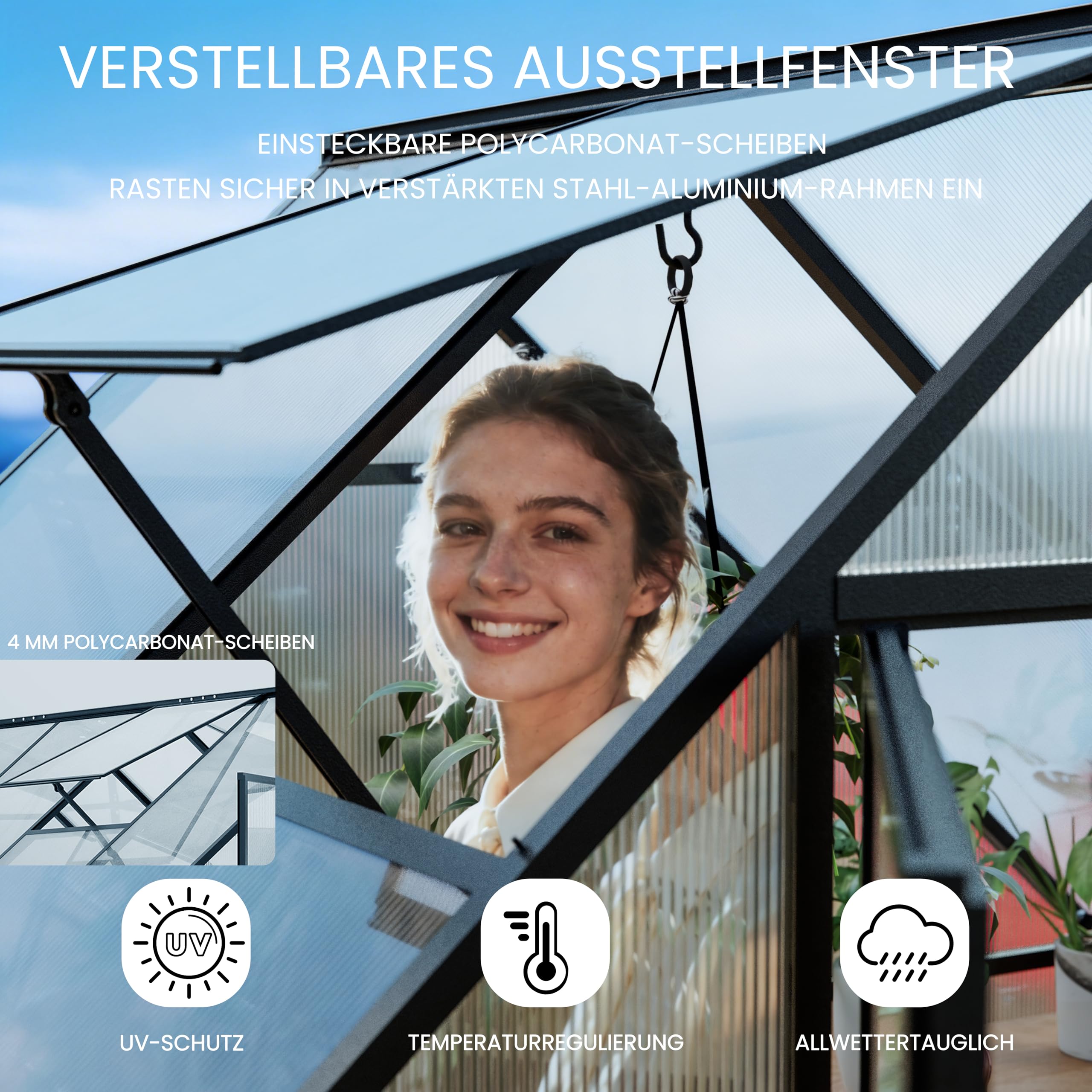 ALAULM Polycarbonat-Gewächshaus 175x281x195cm, mit abschließbarer Tür, Satteldach, Lüftungsfenster & Regenrinnen, Wetterfest für Terrasse & Garten (Schwarz)