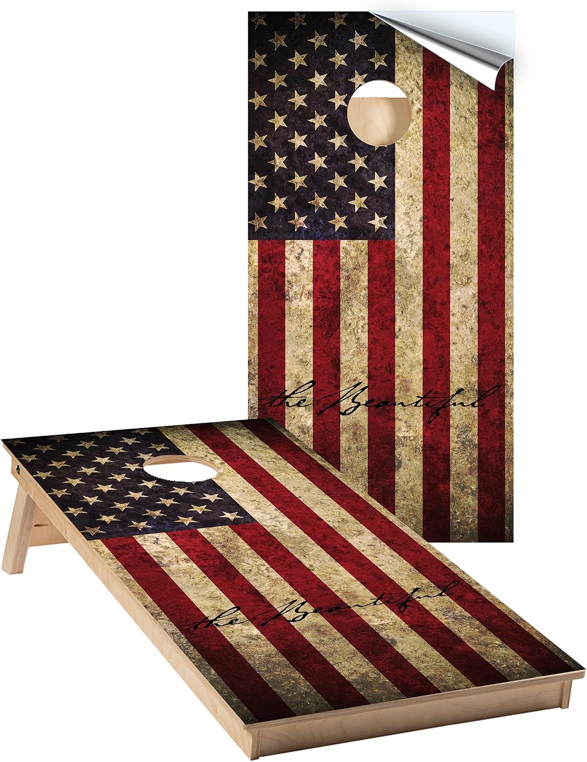 Cornhole Board Wraps 805 - America The Beautiful Vintage Flag Cornhole Game Graphic Decals - Includes Application Squeegee - Set of (2) 25" x 49" Wraps with Gloss Laminate
