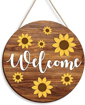 COLOR VALLEY ART Sunflower Summer Door Wreath, Welcome Sign for Front Door Decorations Hanging, 12Inch Wooden Flower Inspirational Wall Porch Art Wreath Hanging for Bedroom Living Room Indoor Outdoor Kitchen Home Decor