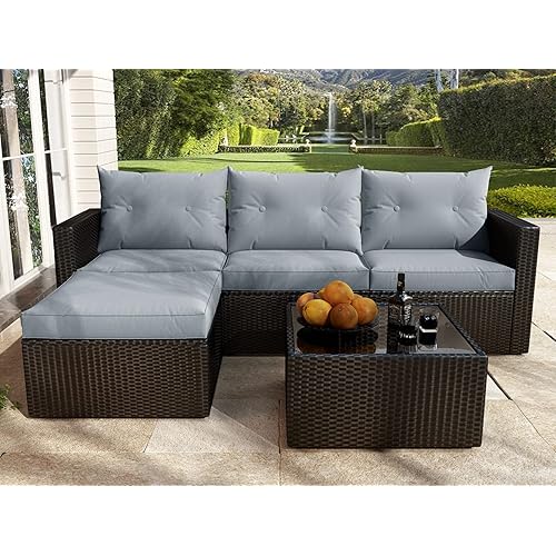 Allewie Dark Grey Patio Conversation Set, 3 Pieces PE Wicker Rattan Outdoor Furniture Set, Lounge Sofa and Loveseat with Cushions, Tempered Glass Coffee Table (Brown & Dark Grey)