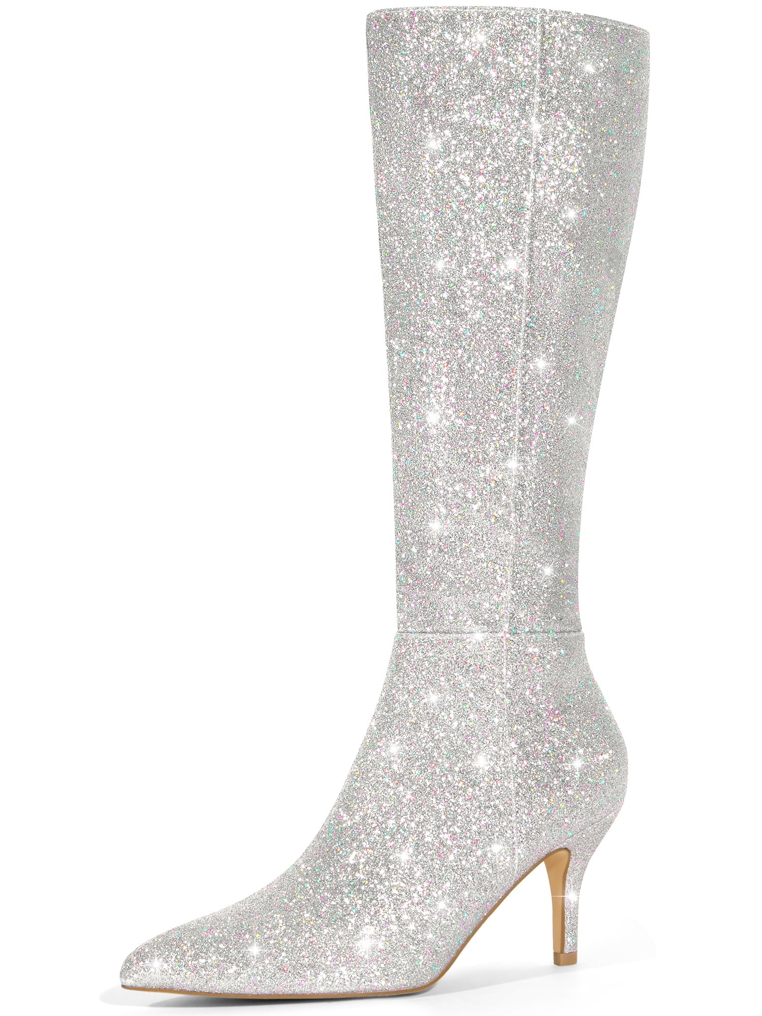 Perphy Glitter Pointed Toe Sparkly Stiletto Heel Knee High Boots for Women