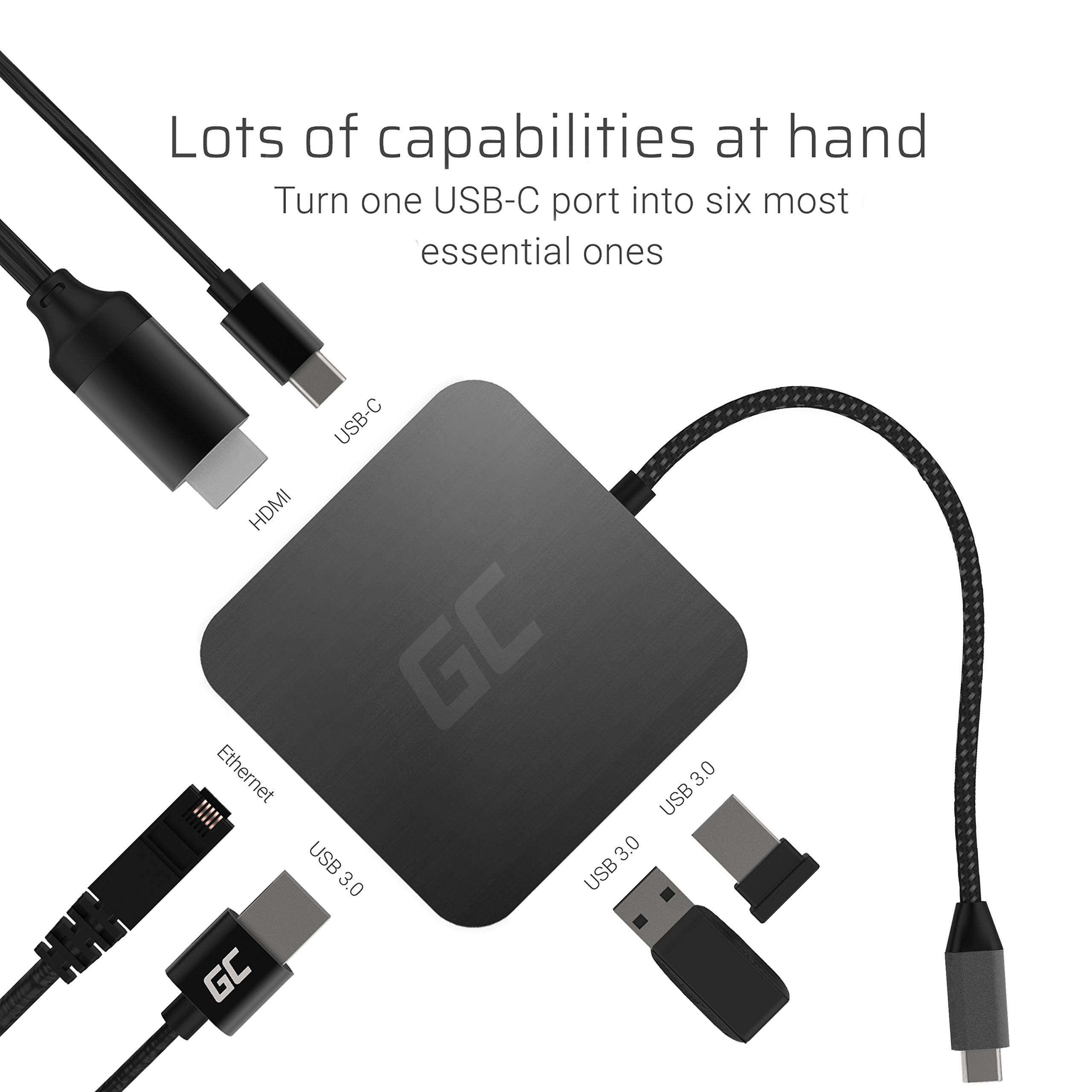 Green Cell® USB-C HUB Adattatore 6 in 1 (3X USB 3.0, HDMI 4K, Ethernet, USB-C) con Power Delivery 87W per MacBook PRO 13/15, dell XPS 13/15 e Compatibile con Dex Samsung S10 / S10+ / S10e / S9+ / S9