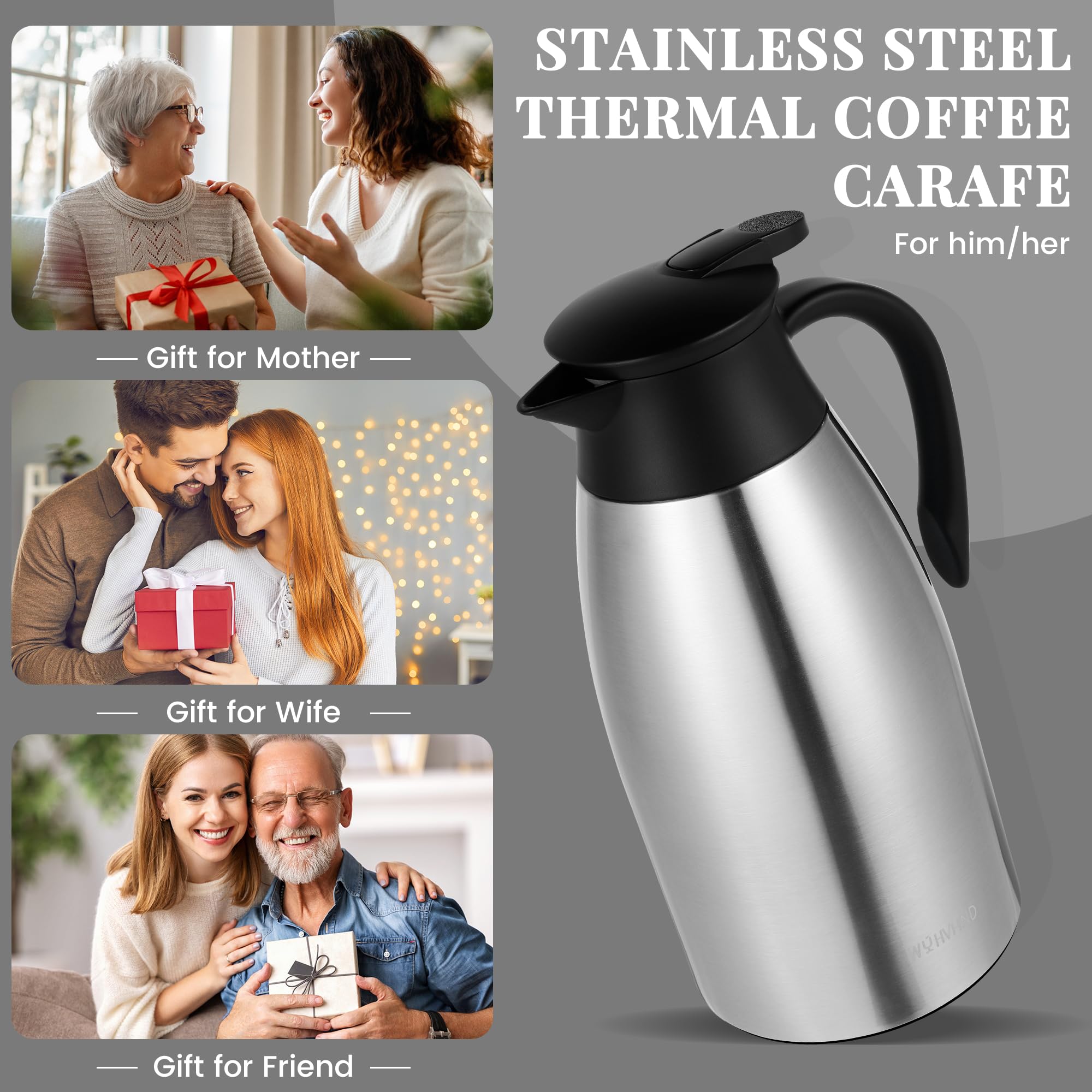 Jarra Térmica 2 Litros para Café, de Acero Inoxidable con Aislamiento al Vacío de Doble Pared, Jarra Grande para Té, Agua y Bebidas Calientes o Frías, Plata
