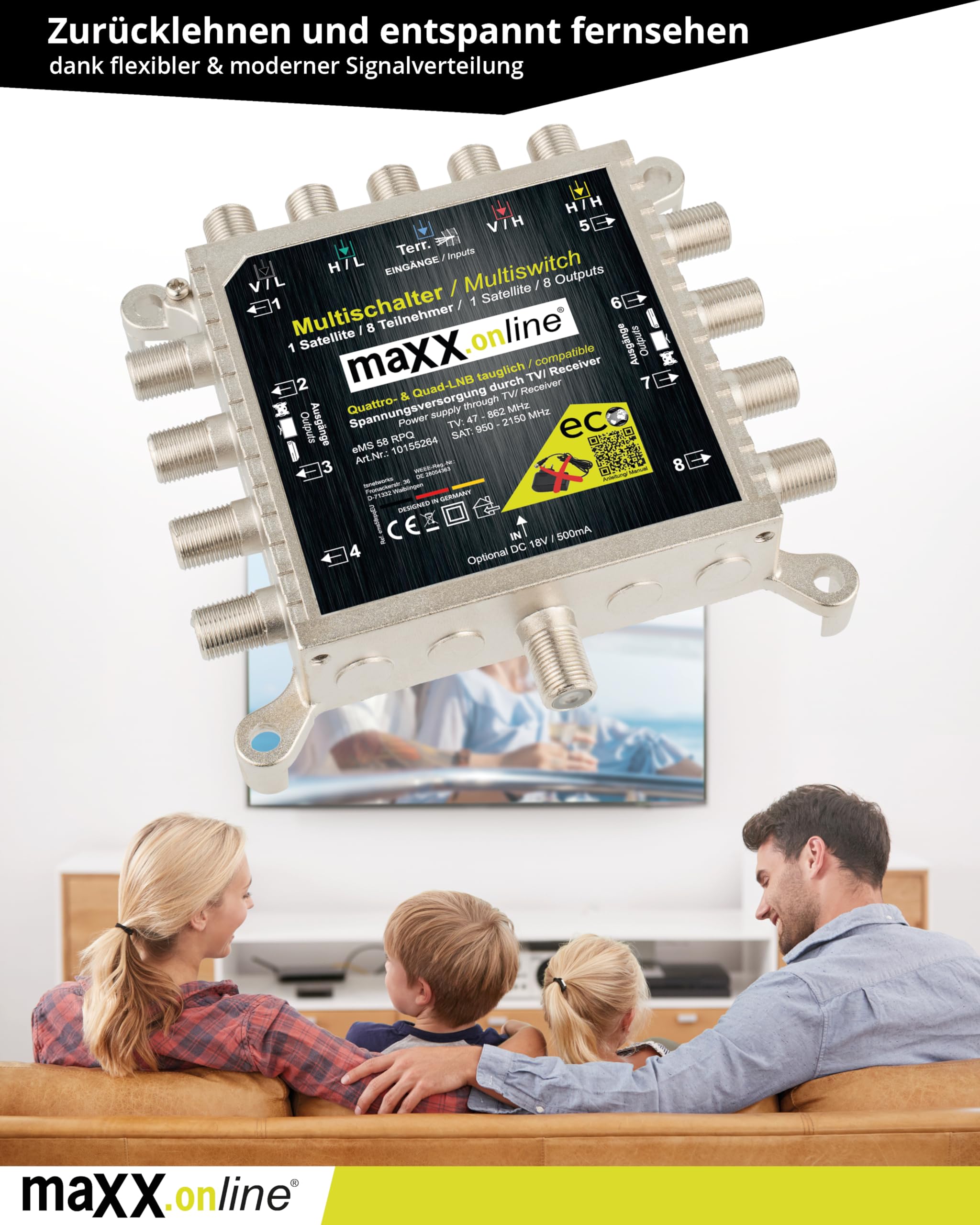 Multiconmutador 8 participantes, 1 satélite, apto para Quad y Quattro LNB, no necesita fuente de alimentación, multiconmutador satélite, multiconmutador múltiple
