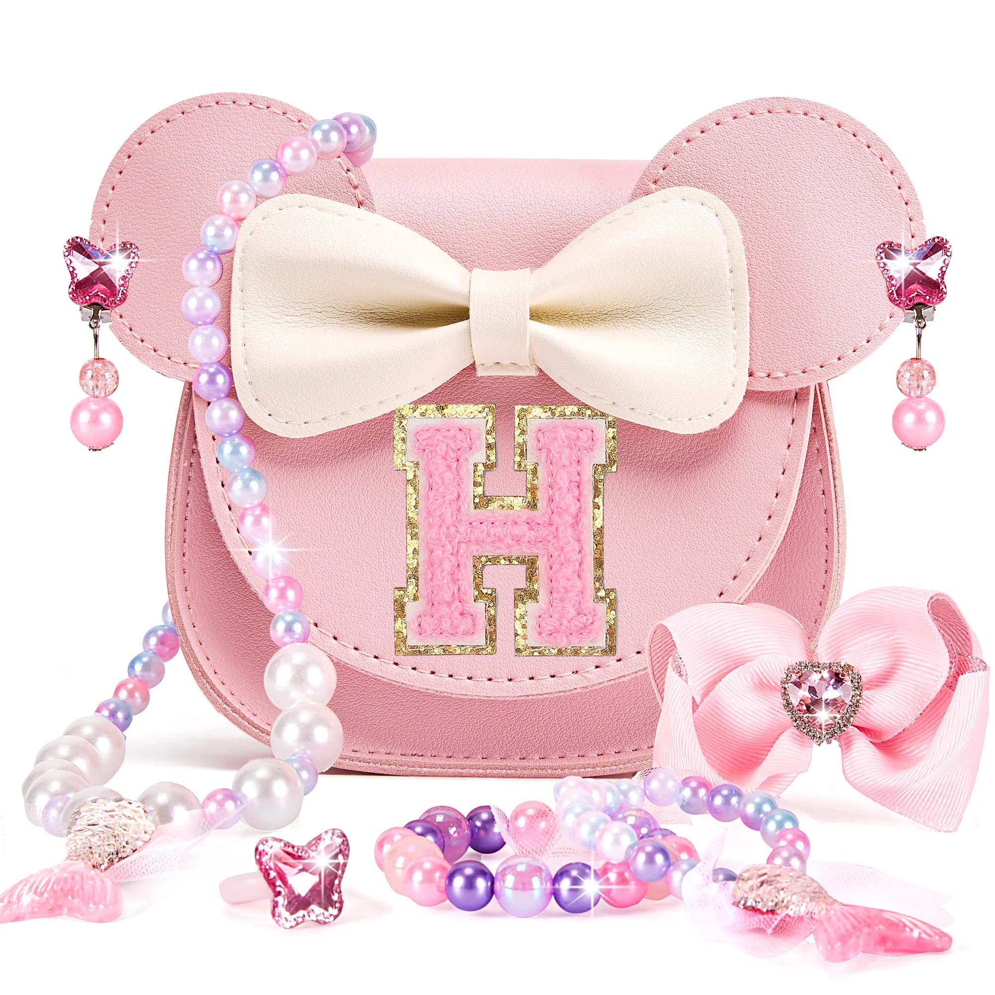 toddler purse gifts for girls — little girl gifts princess dress up jewelry mermaid toys, mini mouse ears birthday gifts for girls 3 4 5 6 7 8 year old (h, pink)