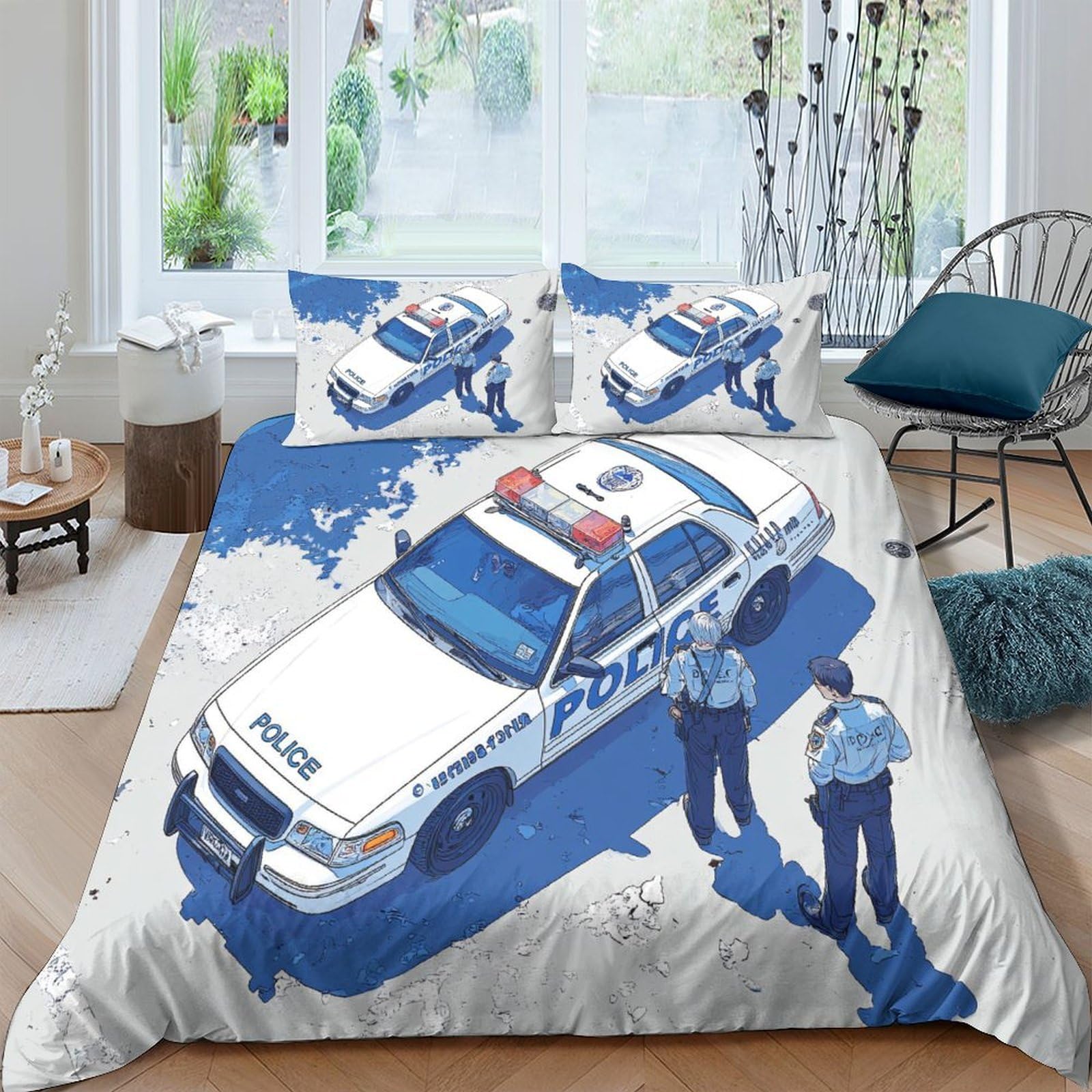Unrxjzlvm Style-9 3D Police Car Duvet Set Microfiber Teen Bedroom Decor