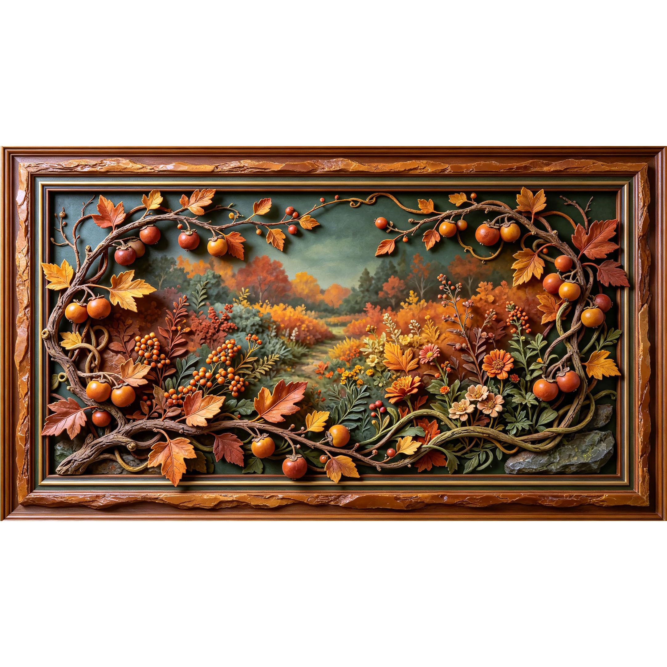 QZLITHOTIC 50×90cm3D Framed Wall Art， Autumn Persimmon Fruit Botanical Landscape 3D Trompe l'oeil Mural， Water?Activated Peel & Stick Fabric Decor Wall Decal for Bedroom Living Room