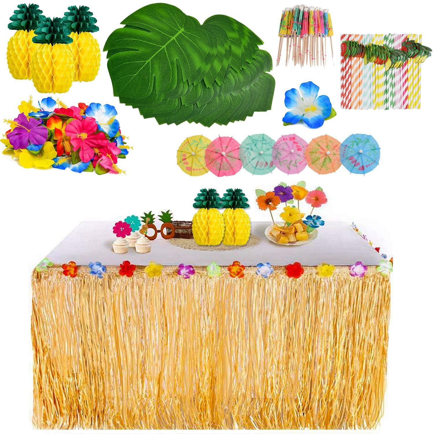 Set Tema Luau Tropicale Kit Decorazioni Feste Hawaiane 114 Pezzi - Gonna Tavolo, Fiori, Ombrelli Per Party Tropicali Kit Tema Hawaii