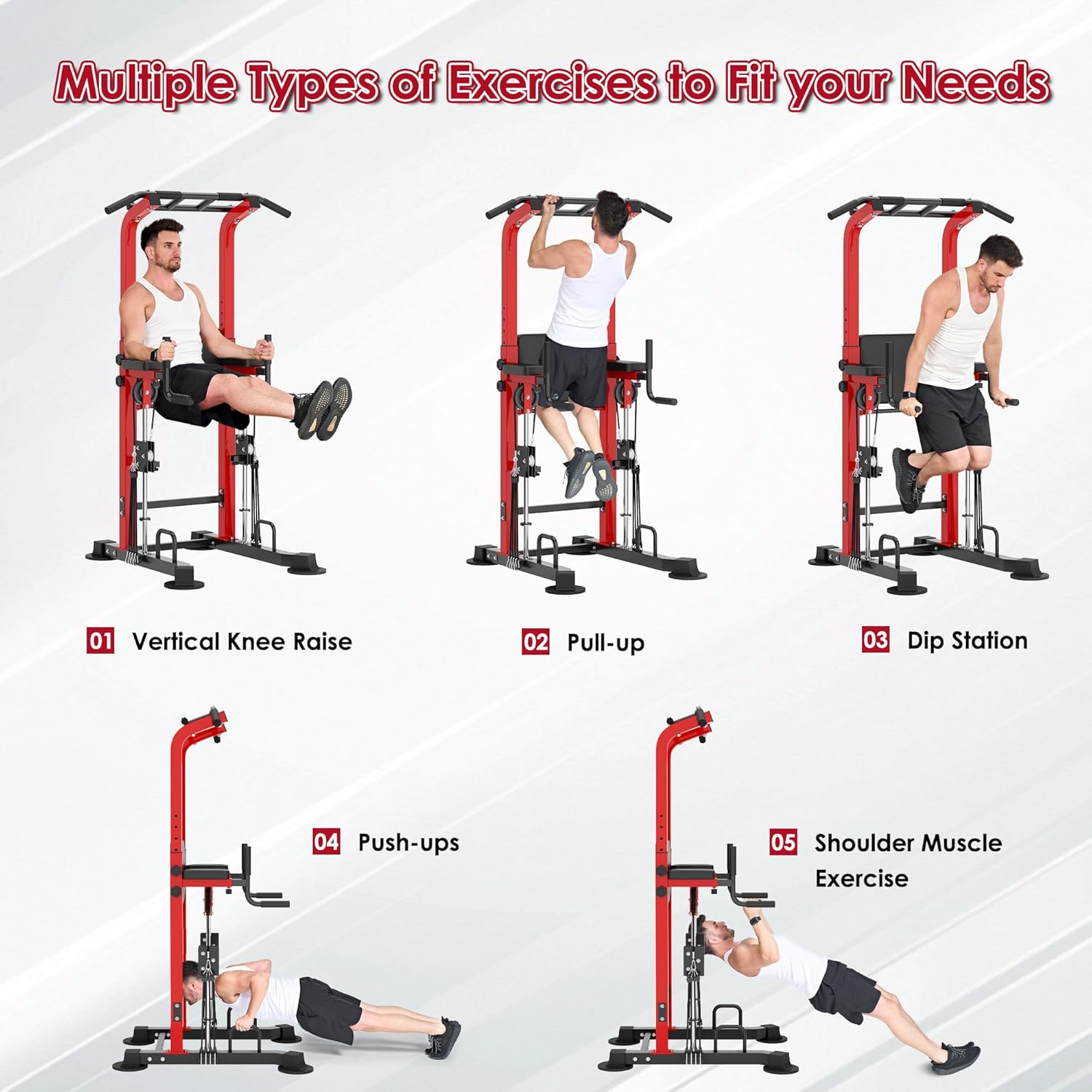 DlandHome Power Tower, Height Adjustable Pull Up Bar Dip Station with Assisted Pad, Multi-Function Home Gym Strength Training Fitness Equipment 330LBS, Red