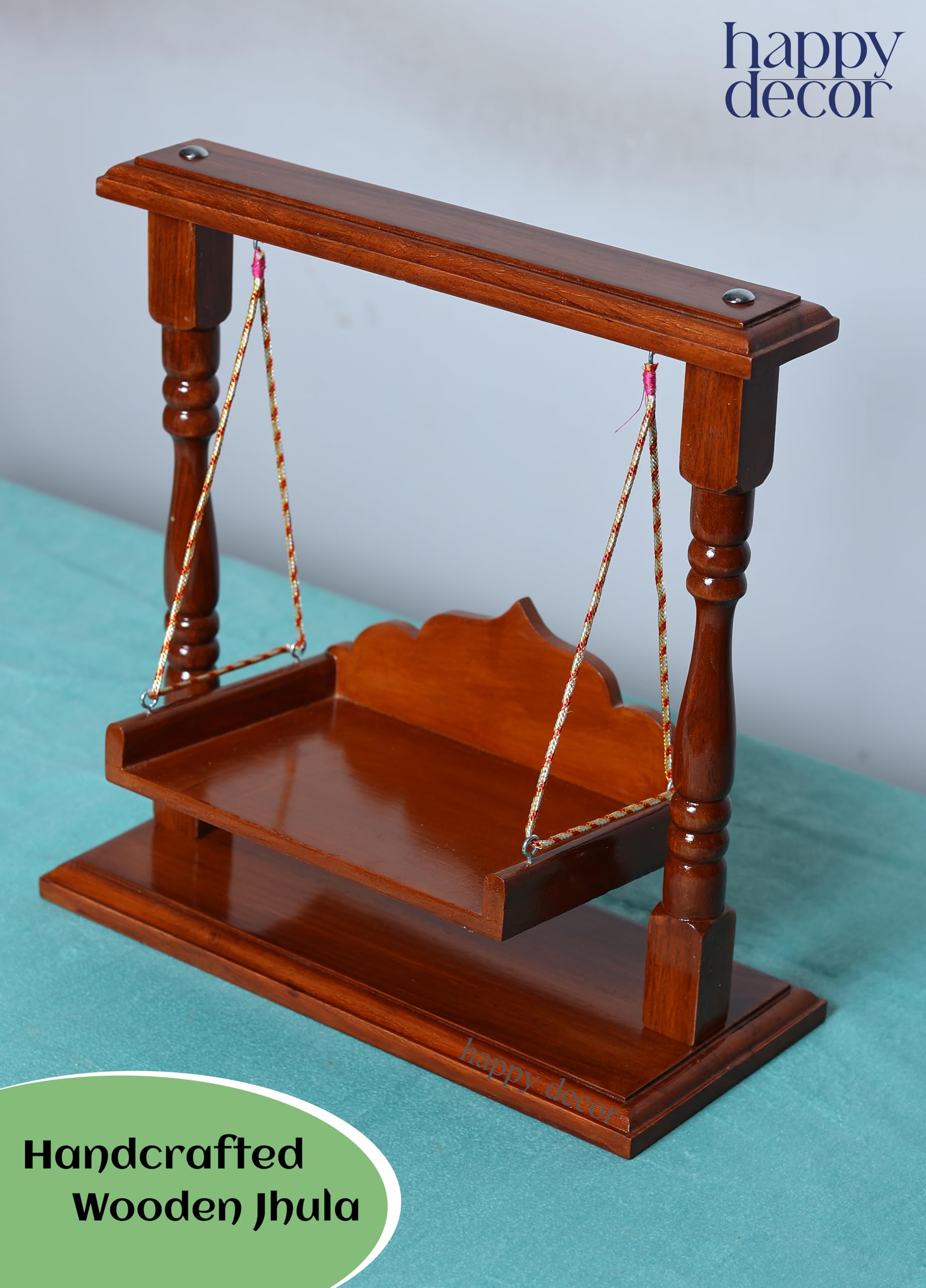 Happy Decor Wooden Laddu Gopal Jhula, Shri Krishna Jhoola for Kanha Ji Pooja Room, Premium Polished (Size:- 13"x12"x6"), Seat Size :- (8"x5.5") for 0 to 4 no bal goapl 2