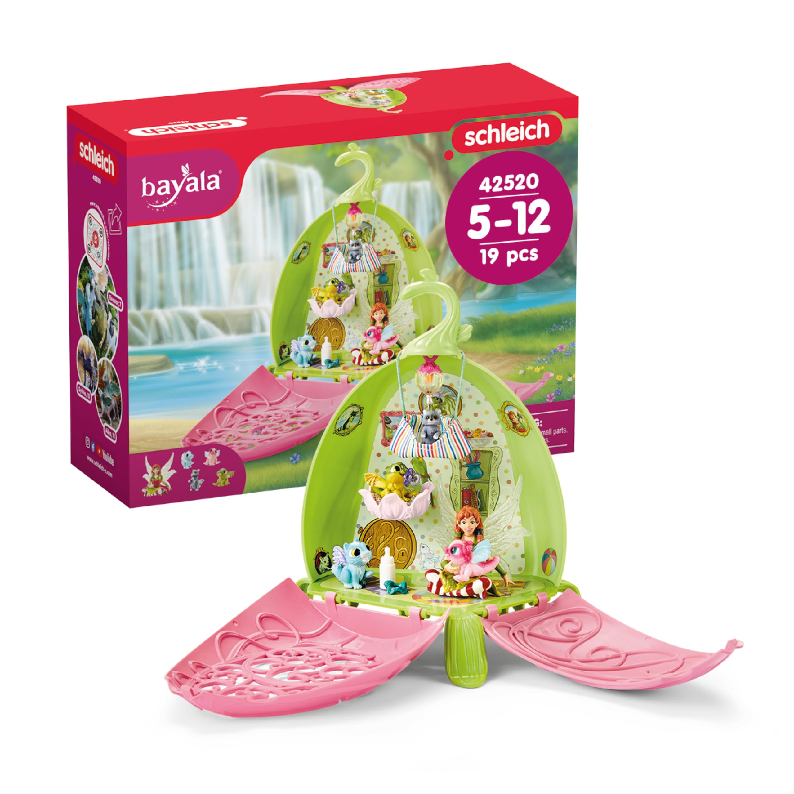 Bayala - 19 PC Fairy Marween's Animal Playschool Playset - Foldable Flower Playhouse with Fairy, 3 Baby Dragon Toys, Reusable Stickers and Accessories - Fantasy Toys for Kids 5+ | 42520