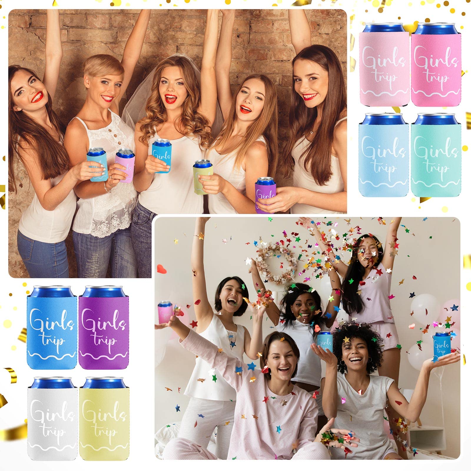 Janmercy 8 Pcs Girls Trip 2026 Gifts Favors, Girls Weekend Trip Gifts Cup Sleeves for Bachelorette Party Favors, Insulated Can Sleeve for Vacation Camping Women Fun Cruise Sister Auntie Friends