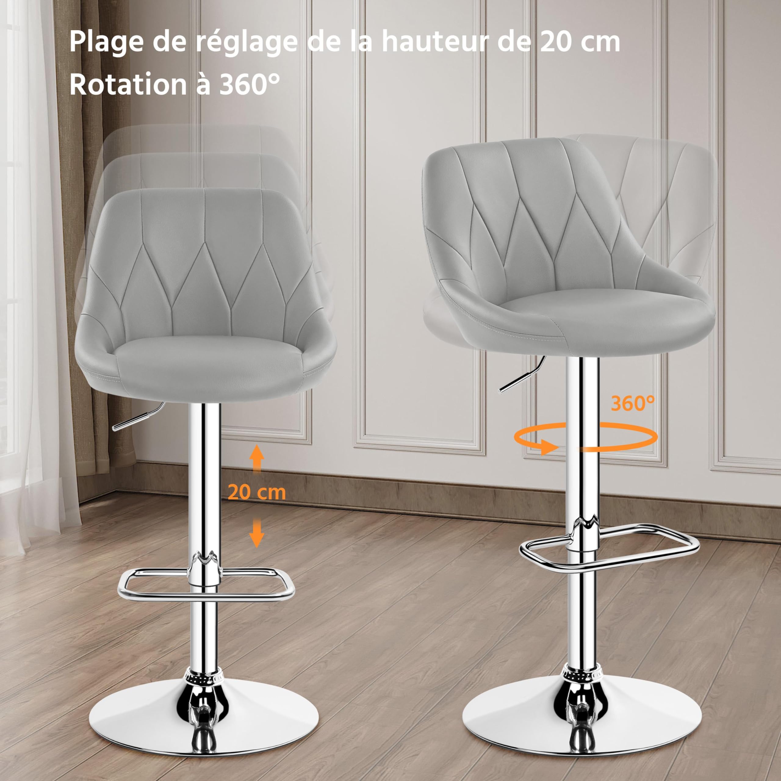 Yaheetech Lot de 4 Tabourets de Bar en Similicuir Hauteur Réglable de 86 cm à 107,5 cm Chaises de Bar Assise Pivotante Repose-Pied Carré Tabourets Hauts Cadre Métallique Galvanisé Gris Clair