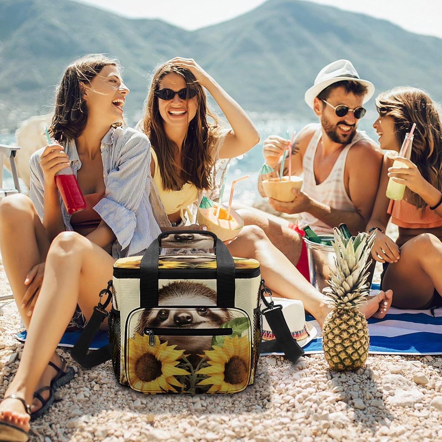 Large-Capacity Oxford Cloth Sloth Sunflower Printed Camping Ice Bag, Outdoor Portable Insulation and Cold Storage Bag, Enjoy A Cool Camping Time