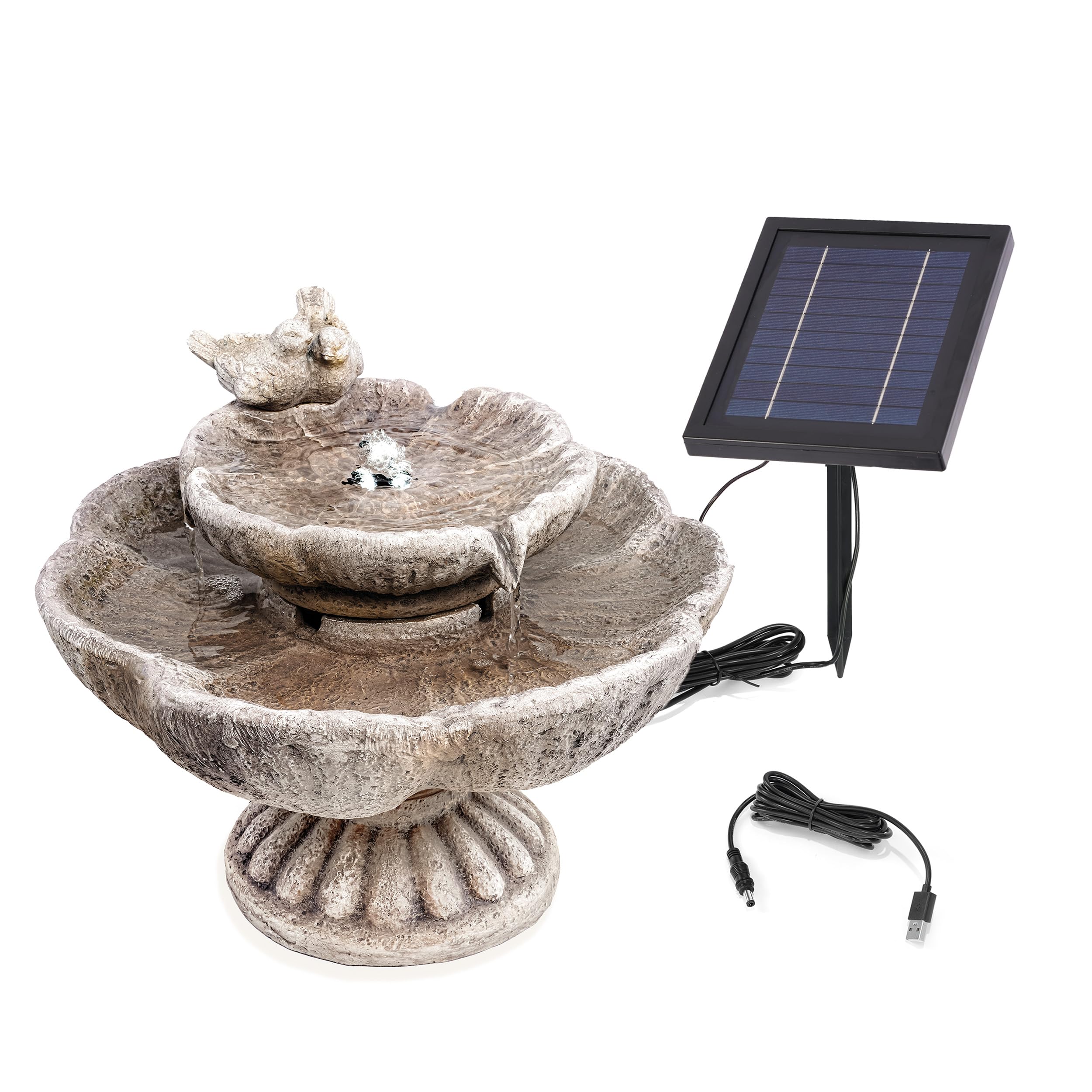 esotec Solarbrunnen Vogelpaar mit LED Beleuchtung, Akku, Solarmodul, USB-Ladung, Timer, Solarmodul, Akku, LED-Licht warmweiß, 5m Kabel, Erdspieß und Wandhalterung, Balkon-Brunnen Outdoor 101379