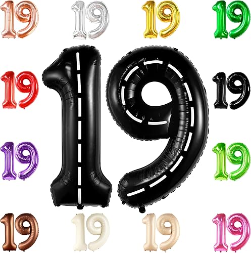 KatchOn, Globo gigante del número 19 de coche de carreras 40 pulgadas Globo negro de cumpleaños 19 Decoración de cumpleaños de carretera 19