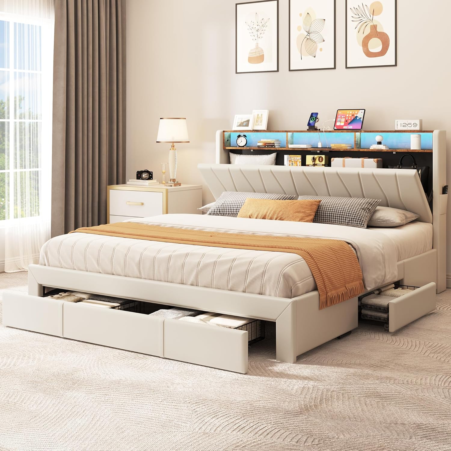 DWVO King Size Bed Frame, Storage Bed Frame w/LED Lighting & 4 Drawers, Upholstered Platform Bed Frame with Charging Station & Storage Headboard, No Box Spring Required, Easy Assembly, Beige