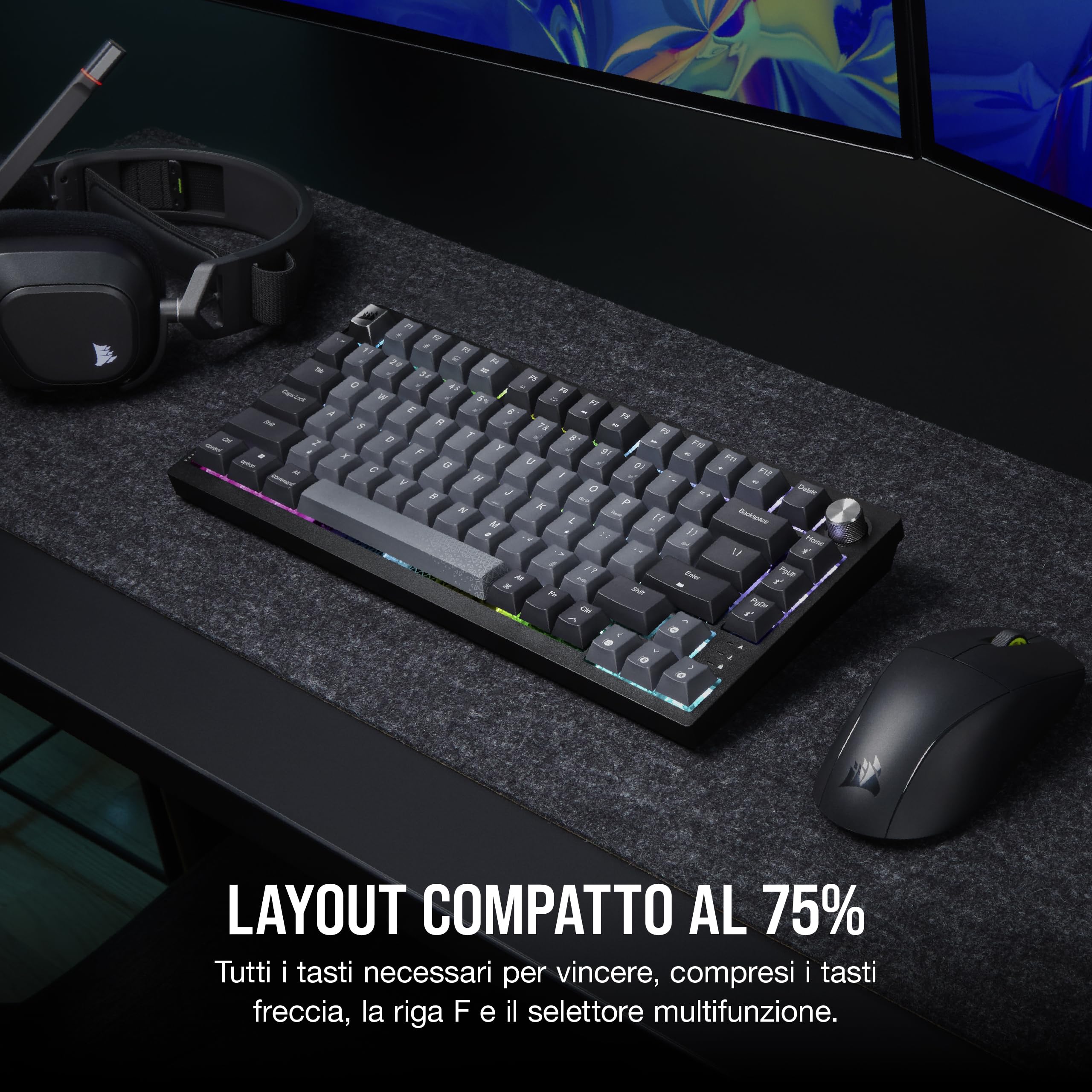Corsair K65 PLUS WIRELESS 75% RGB Tastiera Meccanica da Gioco — Nero/Grigio | QWERTY IT, Interruttori Lineari MLX Red Pre-lubrificati, Tasti PBT Dye-Sub, Compatibile con iCUE, PC, PS5, PS4, Xbox
