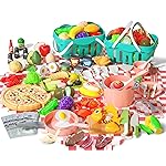 150Pcs Kitchen Playset, Toddlers Pretend Cooking Cookware Accessories, Food, Picnic Blanket, Fruits, Veges, 2Pack Shopping Storage Basket, Dessert and Prop Money, Gift for Kids (Pink)