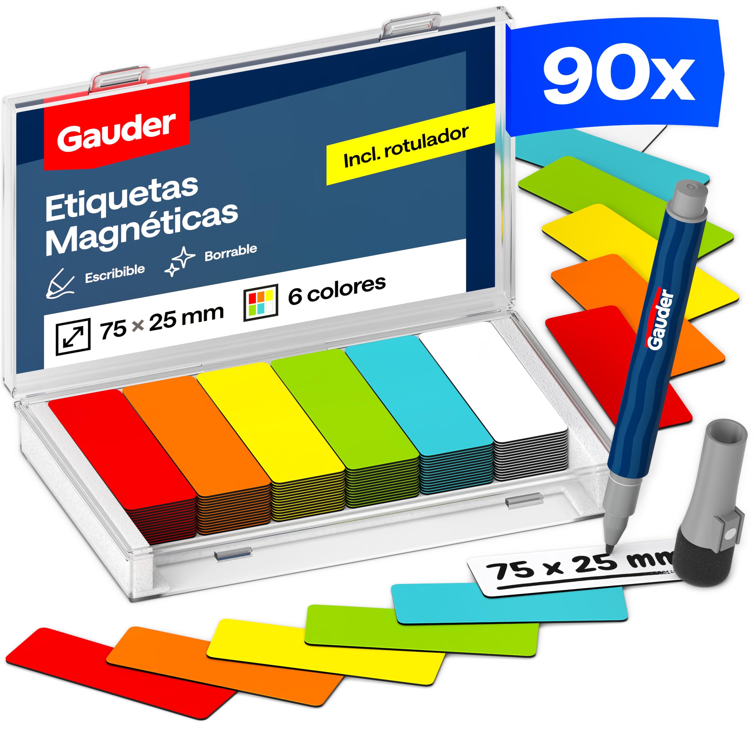GAUDER Etiquetas Magnéticas Reutilizables 90 Unidades 75 x 25 mm Imanes para Escribir Pizarra Blanca