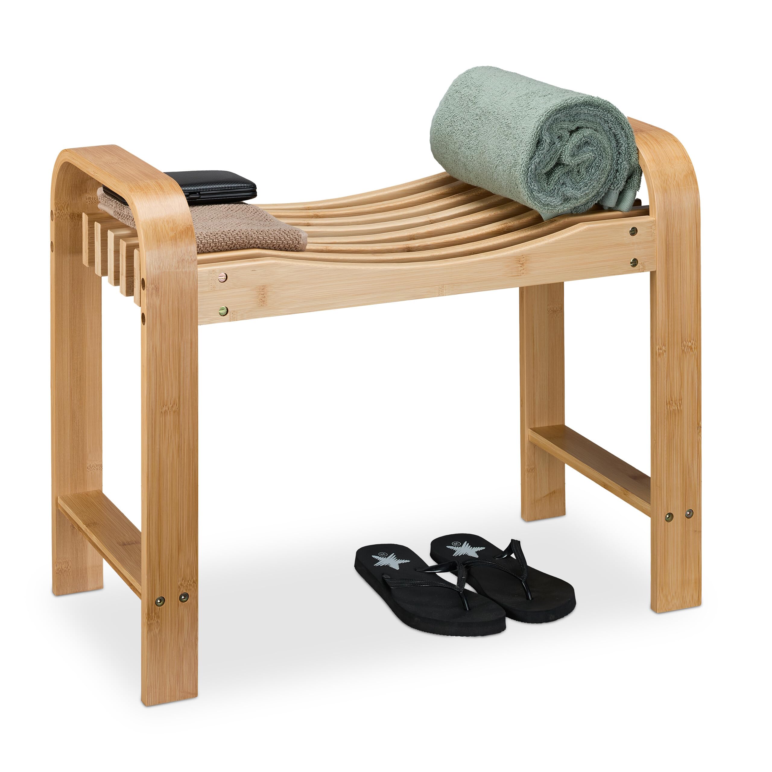Relaxdays Taburete de Baño, Banco de Bambú, con Asas, Asiento Ergonómico, 54 x 65 x 33 cm, para Pasillo o WC, Natural