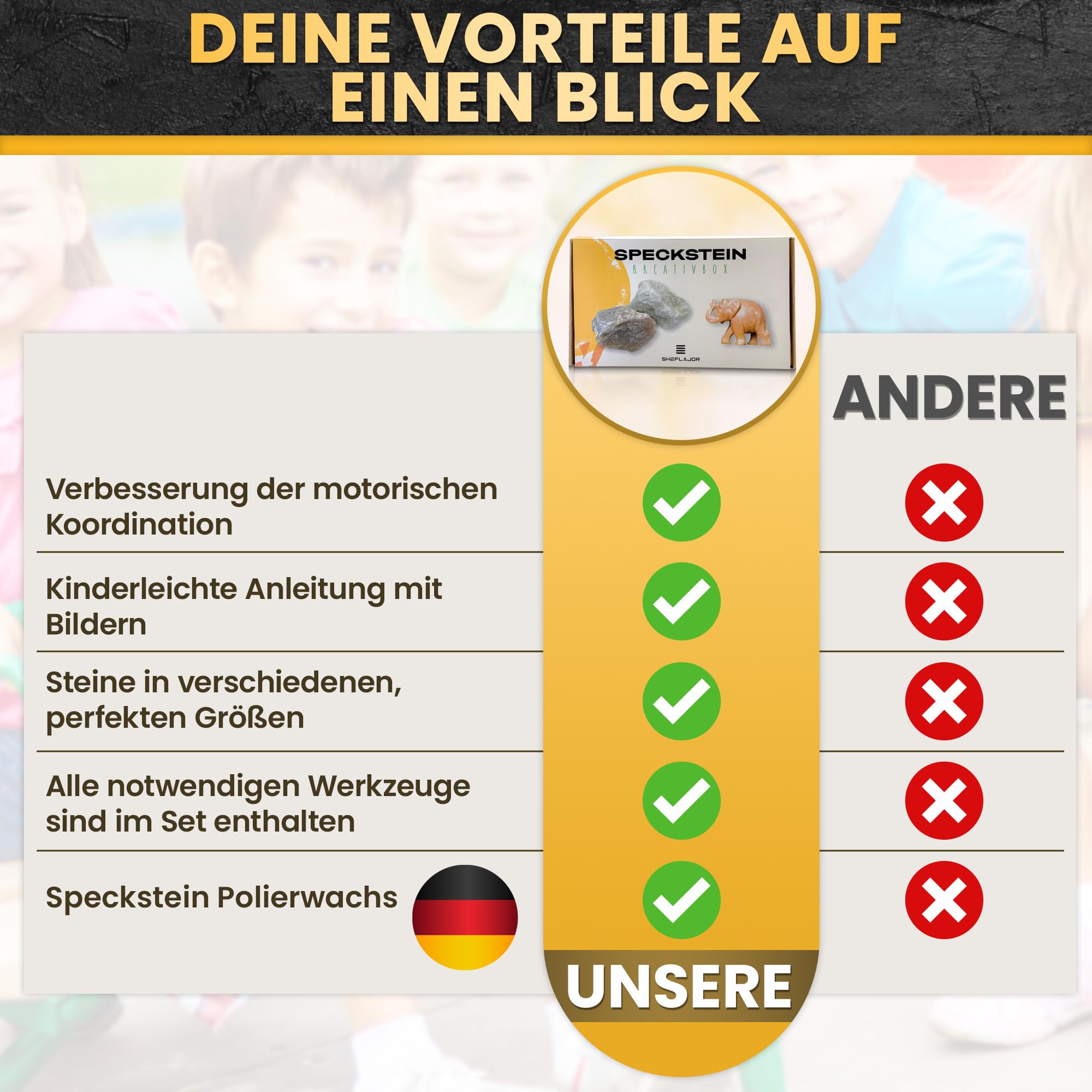 Sheflajor Speckstein-Set inkl. Polierwachs [Made in Germany] / Kreatives Bastelset für Kinder ab 7 Jahren, Mädchen, Jungen & Erwachsene/Fördert Konzentration & Stressabbau