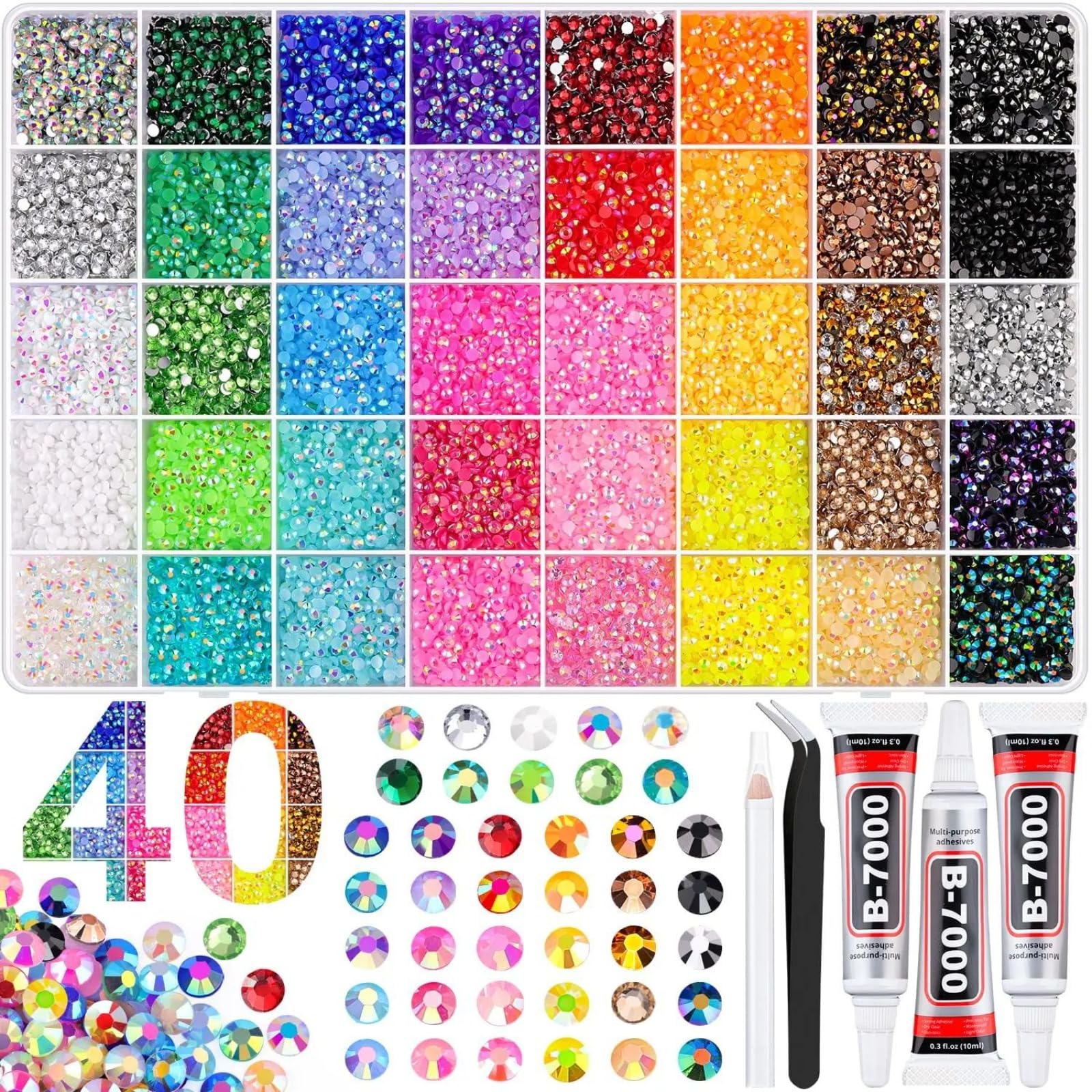 Zestaw do bedazzling z klejem i piórem, 24000/30000/32000 szt. żywicy żelowej z kryształkami do bedazzling, wielokolorowe kryształki płaskie z 3 szt. kleju 10 ml do DIY artystyki paznokci, rzemiosła