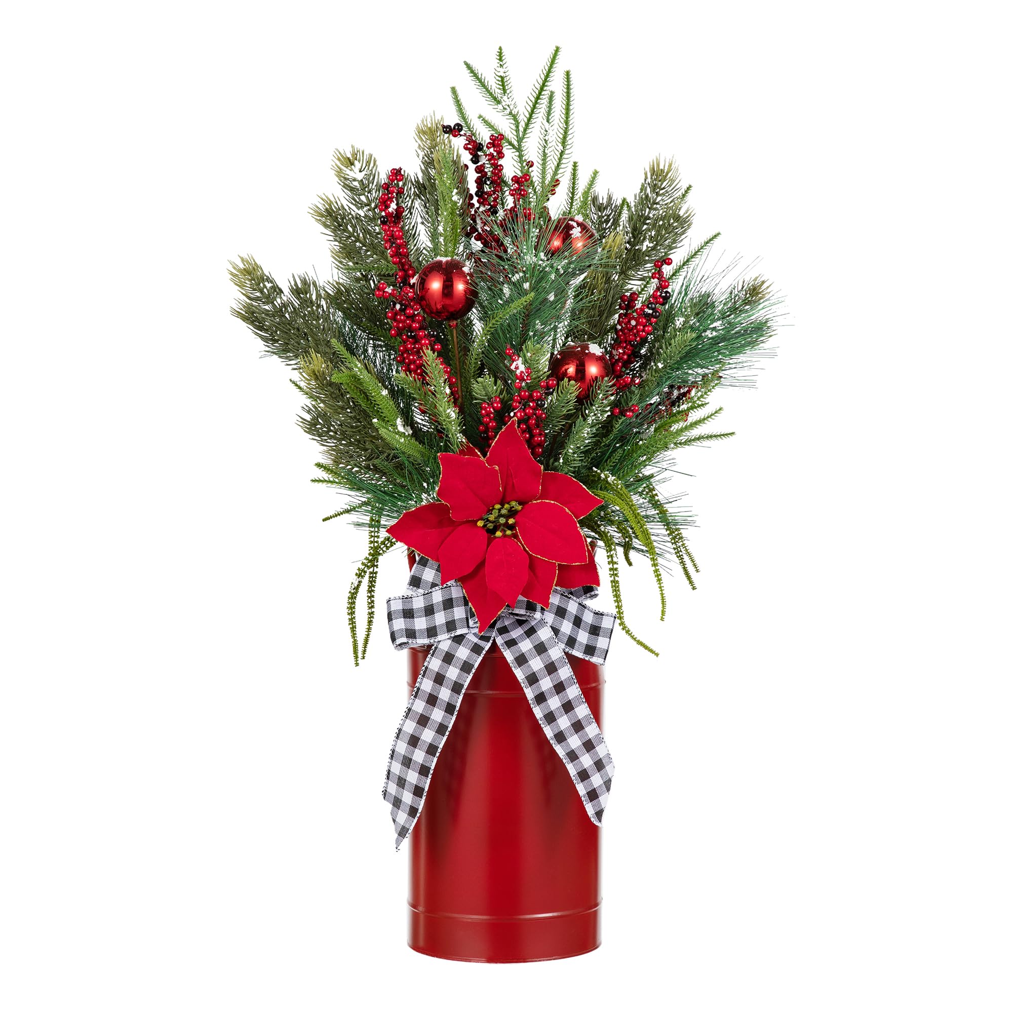 Photo 1 of **DAMAGED**
Glitzhome 35 Inch Christmas Poinsettia Floral Potted Porch Tree for Indoor Decor, Red Pot with Checkered Ribbon, Artificial Holiday Decoration for Home Party Store