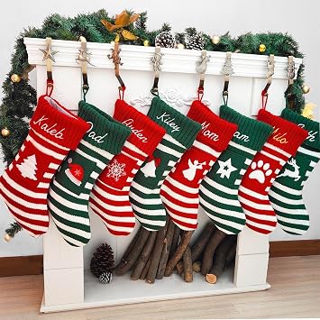 Personalized Christmas Stockings Set of 8 Knitted Family Christmas Stockings with Names Custom Embroideried Name Farmhouse/Rustic Xmas Dog Cat Stocking Fireplace Decoration