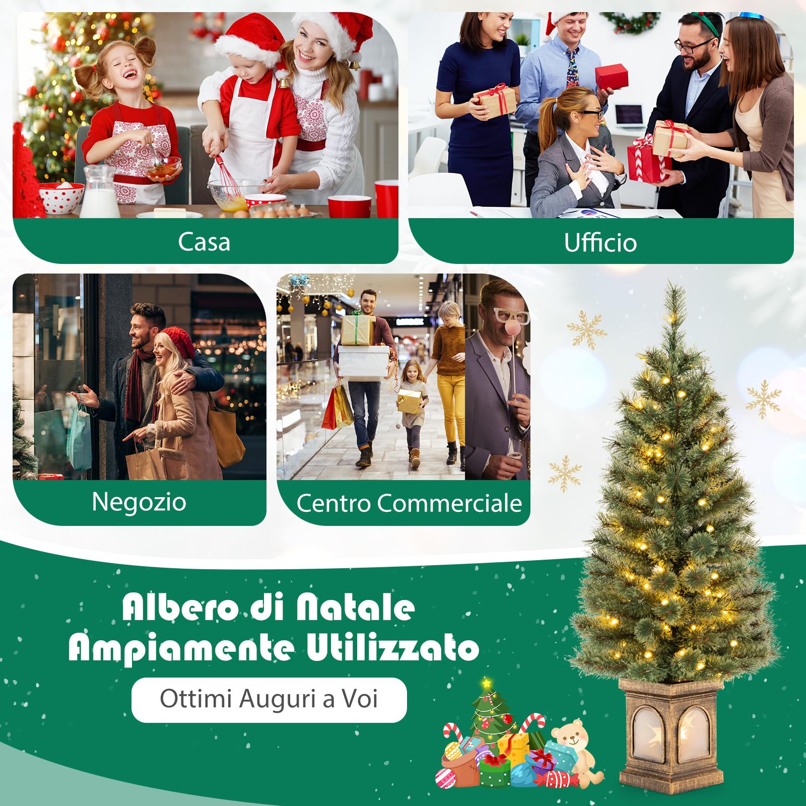 COSTWAY Albero di Natale Piccolo da Tavolo 120 cm, Albero di Natale Artificiale in Vaso con Luci e Rami Densi, Decorazione Natalizia per Casa, Ufficio e Negozio (Verde e Bronzo)