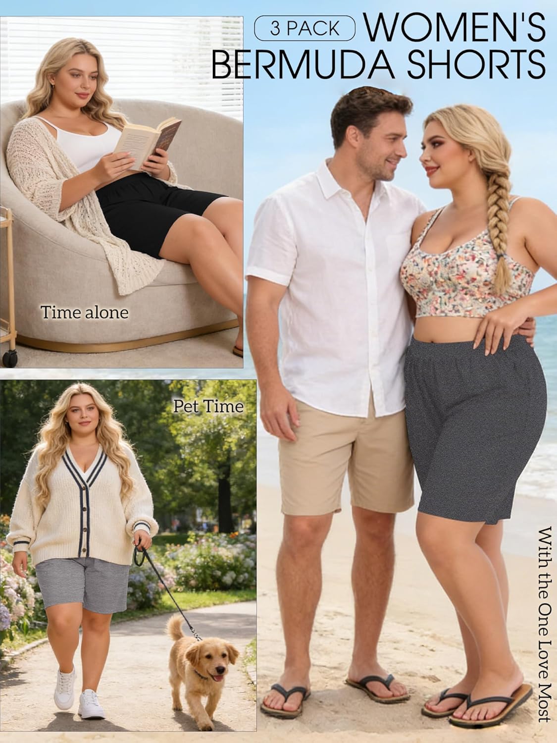 3 Pack Plus Size Women's Bermuda Shorts High Waist Knee Length Bottoms Summer Athletic Casual Short with Pockets