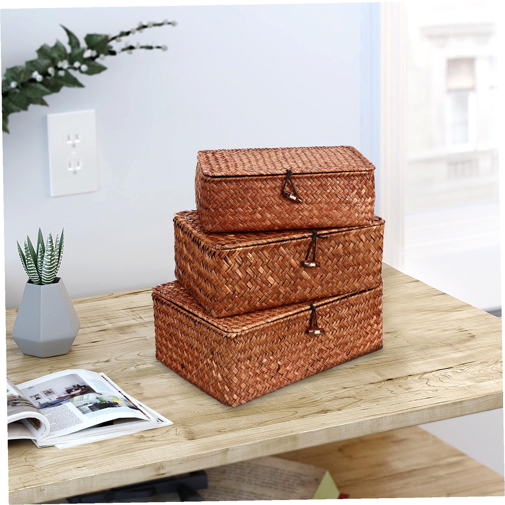 PACKOVE Cestas Tejidas de Algas Marinas con Tapa, Set de 3 Piezas Grande, Mediano y Pequeño, Caja Organizadora Multifuncional para Almacenamiento en Salón y Oficina, Caja Decorativa