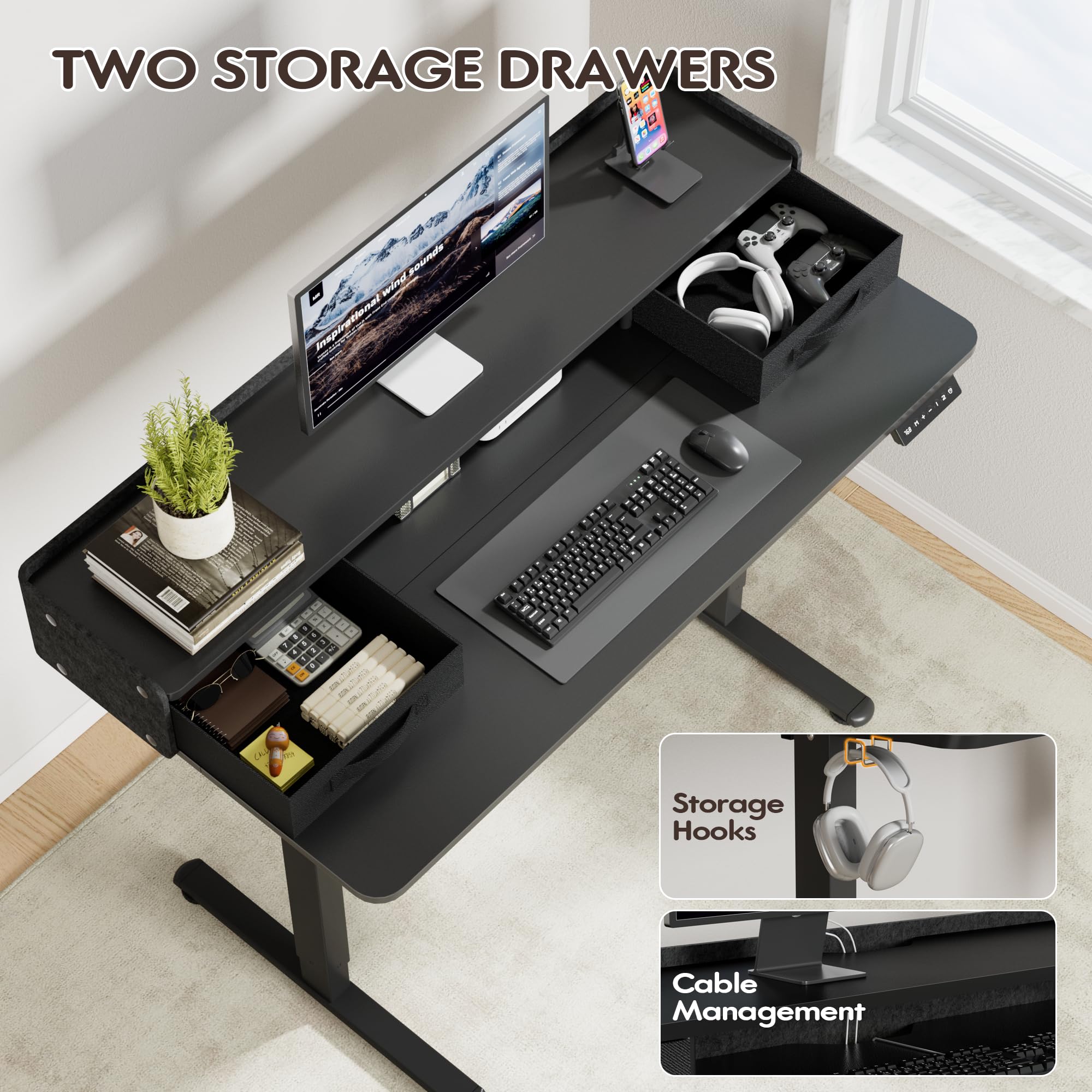 Furmax Electric Standing Desk with Two Drawers Ergonomic Stand Up Desk with Storage Shelf Height Adjustable Computer Standing — view 6