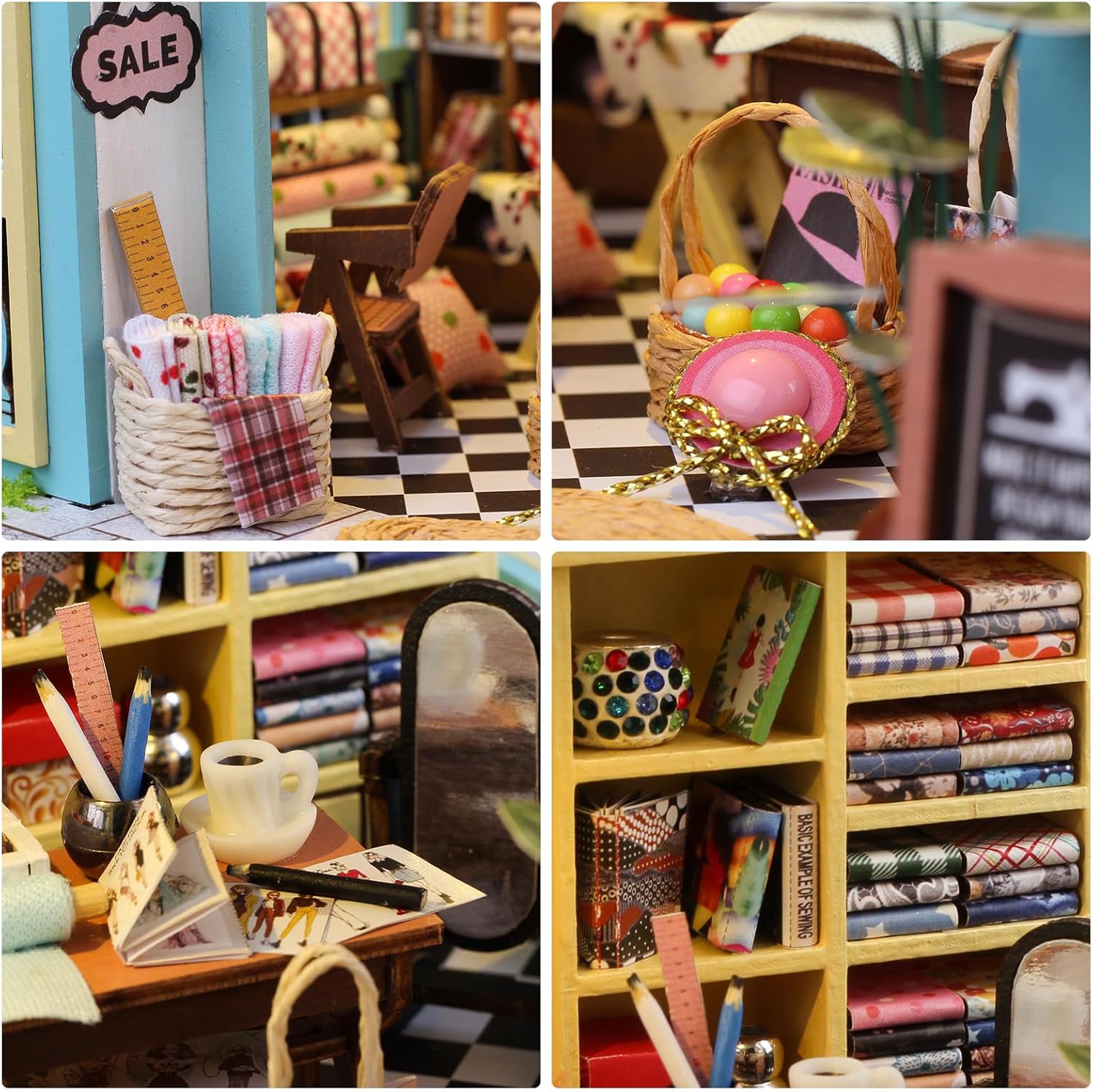 DIY Miniature House Kit Tailor Shop, 3D Wooden Puzzle Book Nook Kit with LED Light, Miniature Building Craft for Adults, Unique Bookshelf Decor Gift for Family and Friend