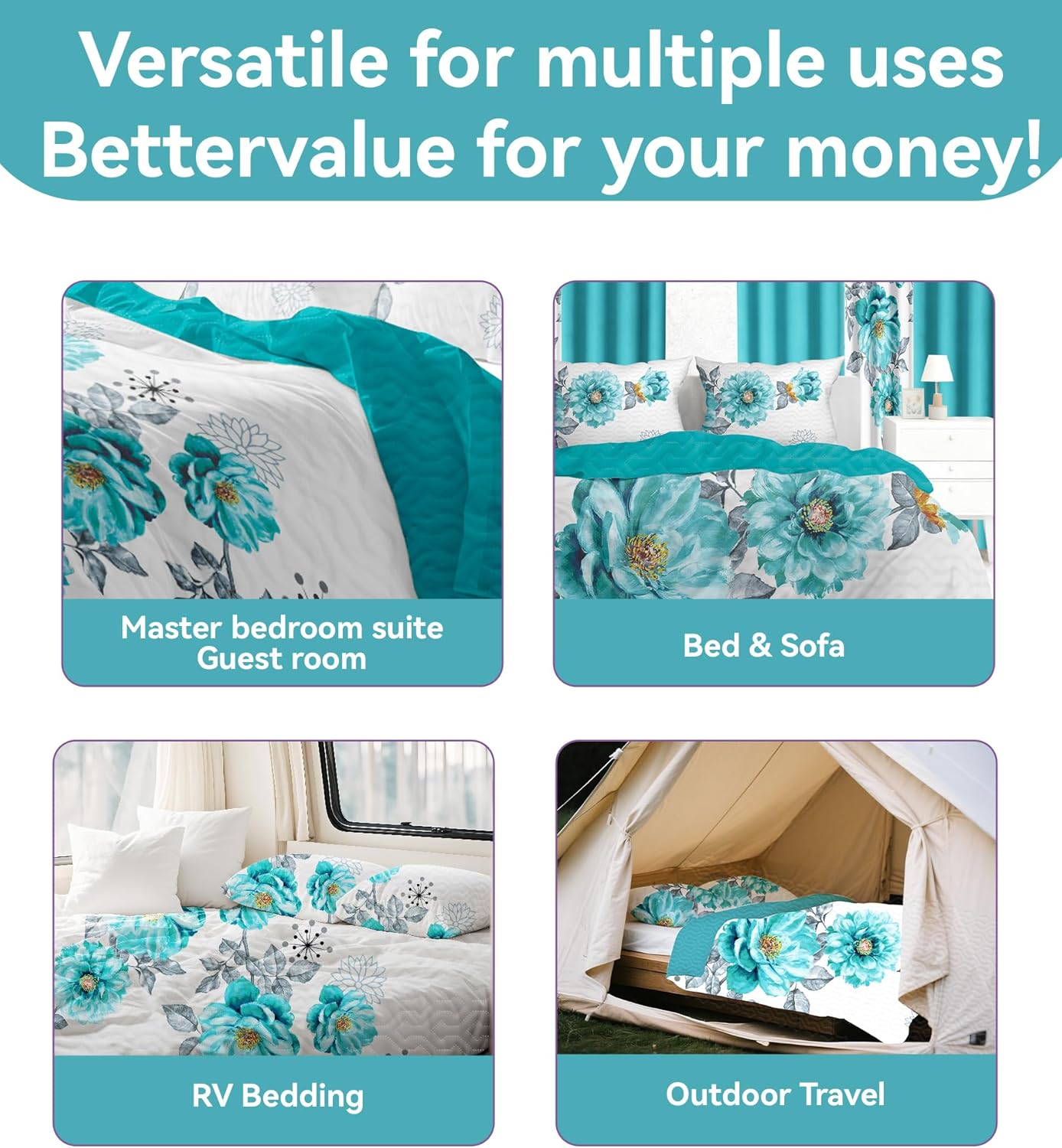 9 Pcs King Bed in A Bag with Curtains | Teal Floral Bedspread, 2 Pillowcases, 2 Print & 4 Solid Curtains | Microfiber, Moisture-Wicking | Bedroom, Hotel | King Size Comforter Set with Curtains