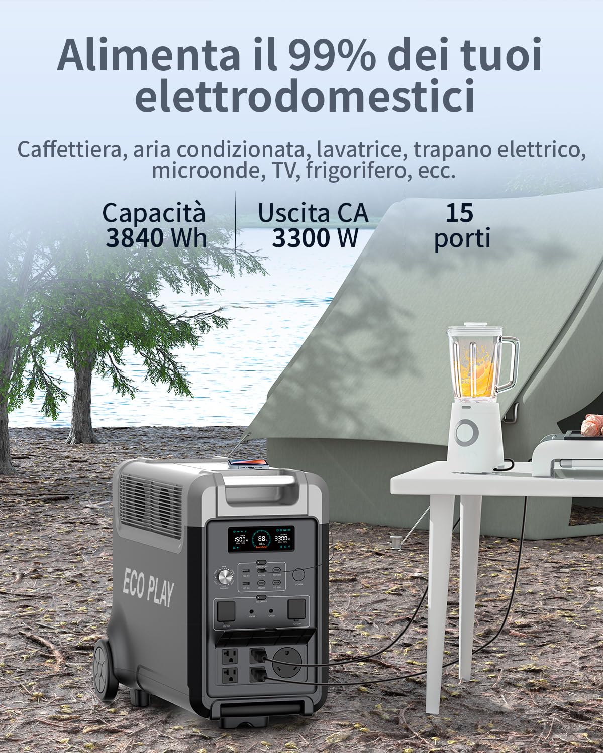 Stazione di alimentazione 3600W, generatore solare ECO PLAY con batteria LiFePO4 da 3840Wh, ricarica rapida in 2 ore, uscita 3x230V AC, accumulo con UPS per alimentazione di mergenza/campeggio/camper