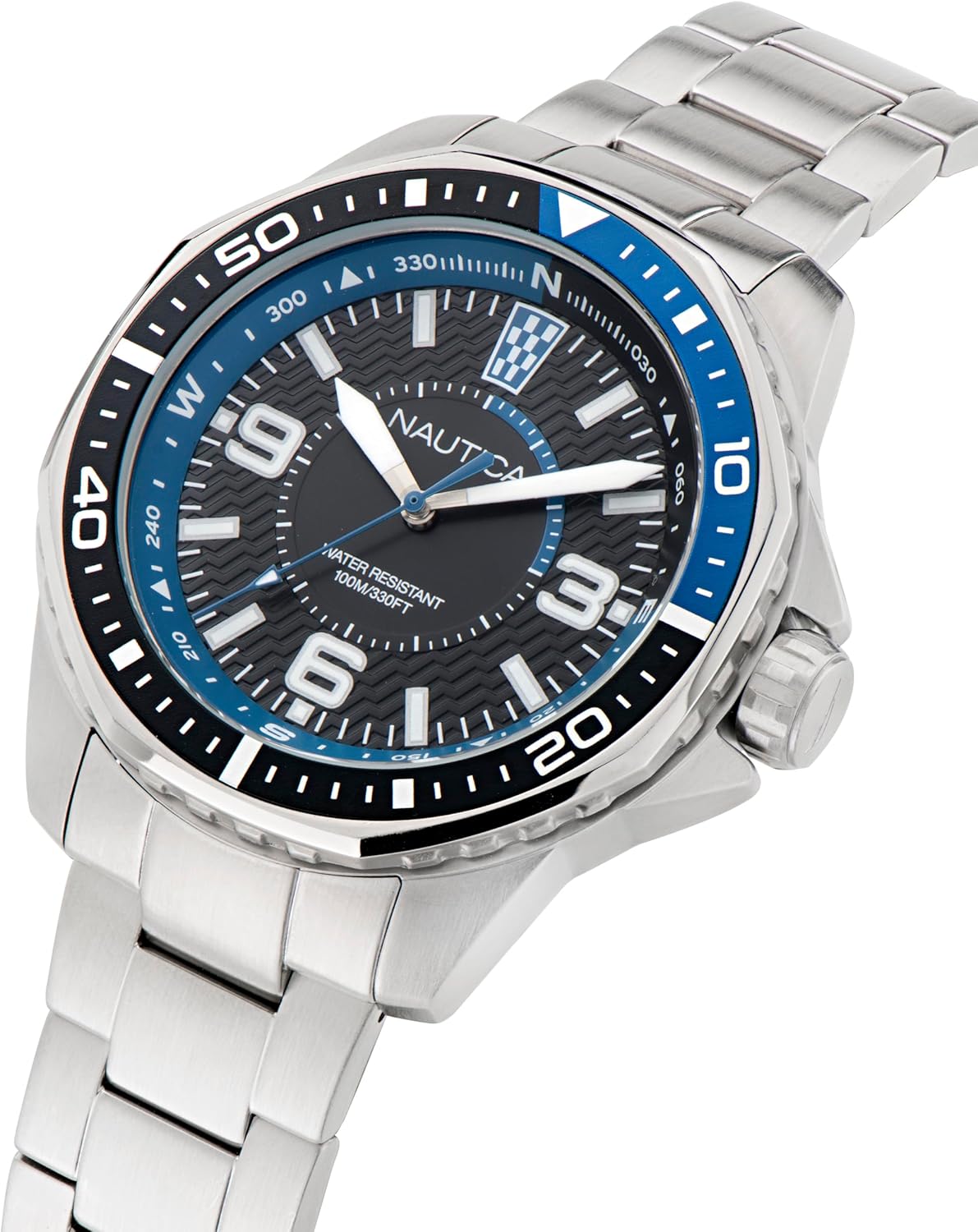 Nautica NAPKMF307 watch with its stainless steel bracelet.